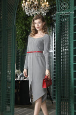 Striped dress, women's mid length, 2024 new collection with waistband for slimming effect
