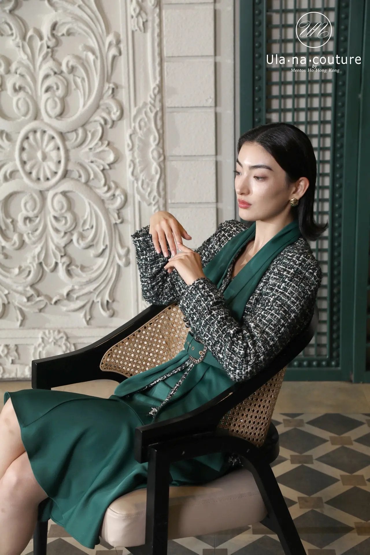 Elegant Green Skirt Suit with Tweed Jacket - Urban Couture Collection ULA