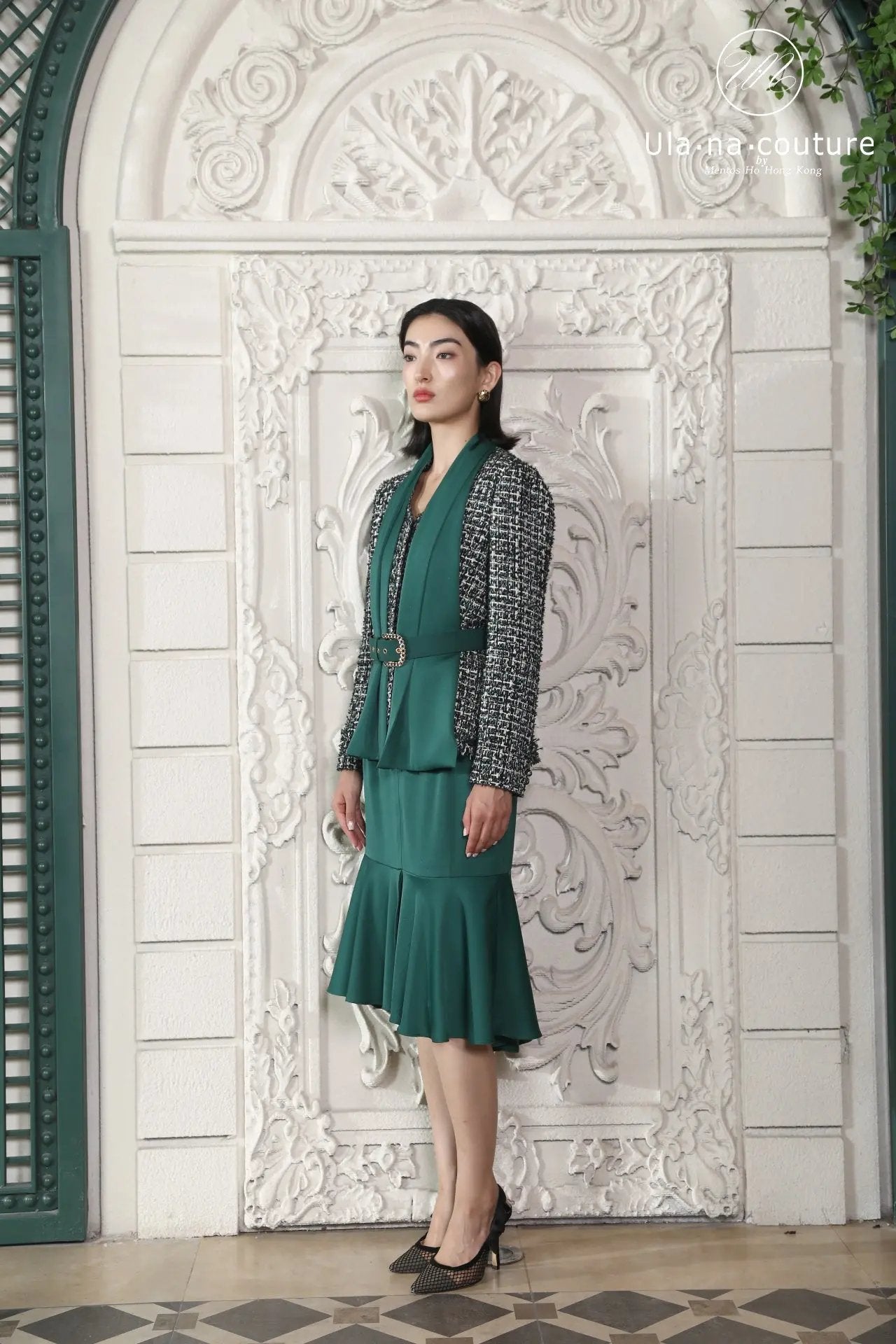Elegant Green Skirt Suit with Tweed Jacket - Urban Couture Collection ULA
