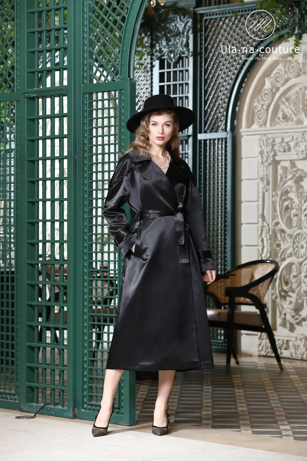 Chic Black Trench Coat with Self-Tie Belt ULA