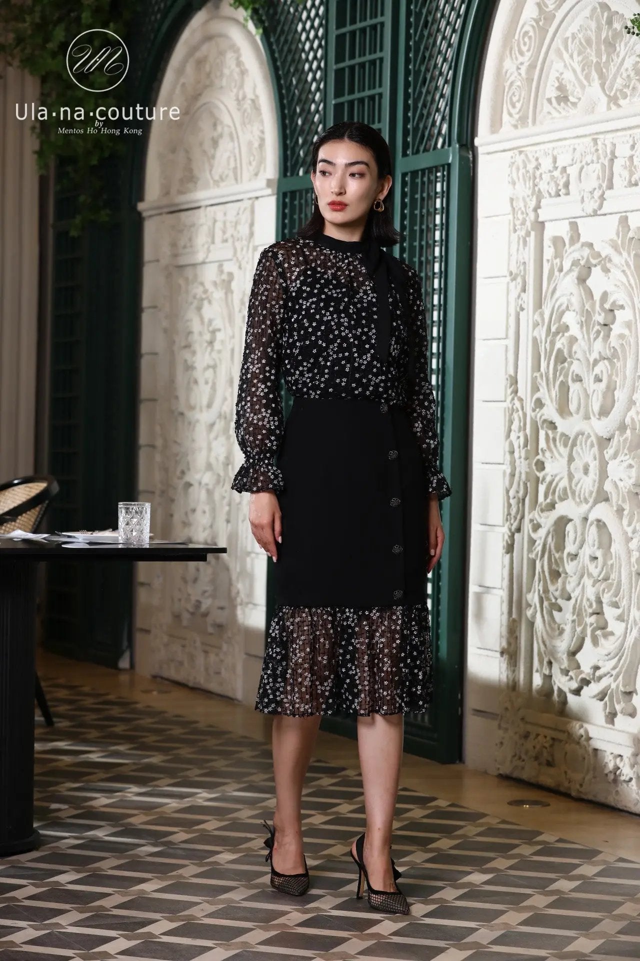 High and Black Lace Sequin Mesh Skirt for Women's Spring/Summer Hollow Buttocks Skirt Two-piece Set ULA