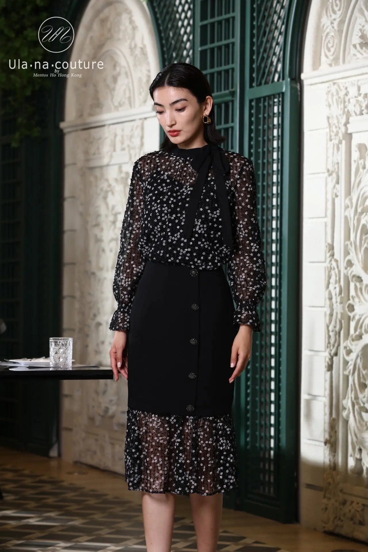 High and Black Lace Sequin Mesh Skirt for Women's Spring/Summer Hollow Buttocks Skirt Two-piece Set ULA