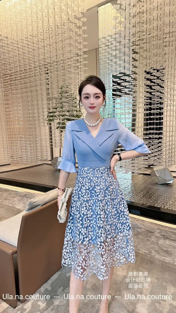Elegant Light Blue Dress with Floral Lace Skirt ULA