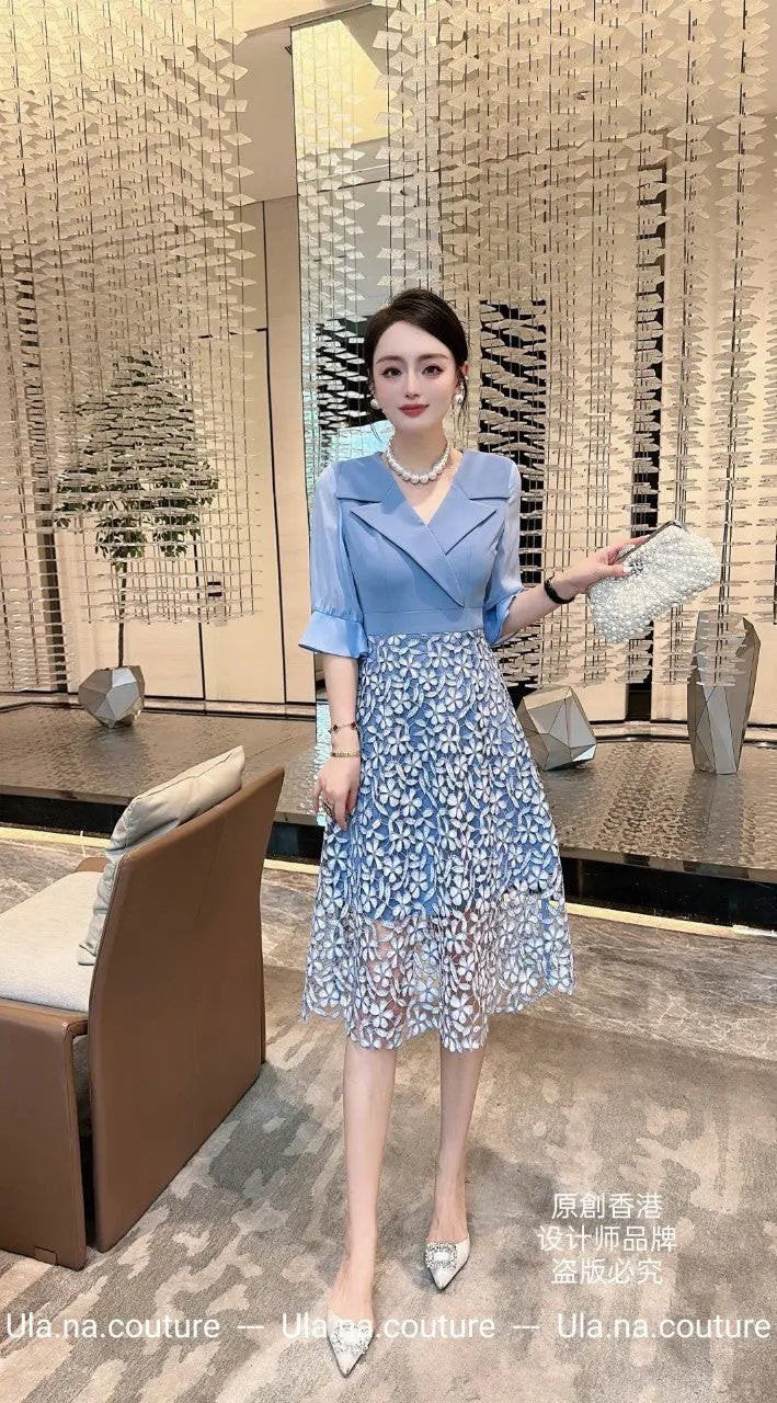 Elegant Light Blue Dress with Floral Lace Skirt ULA