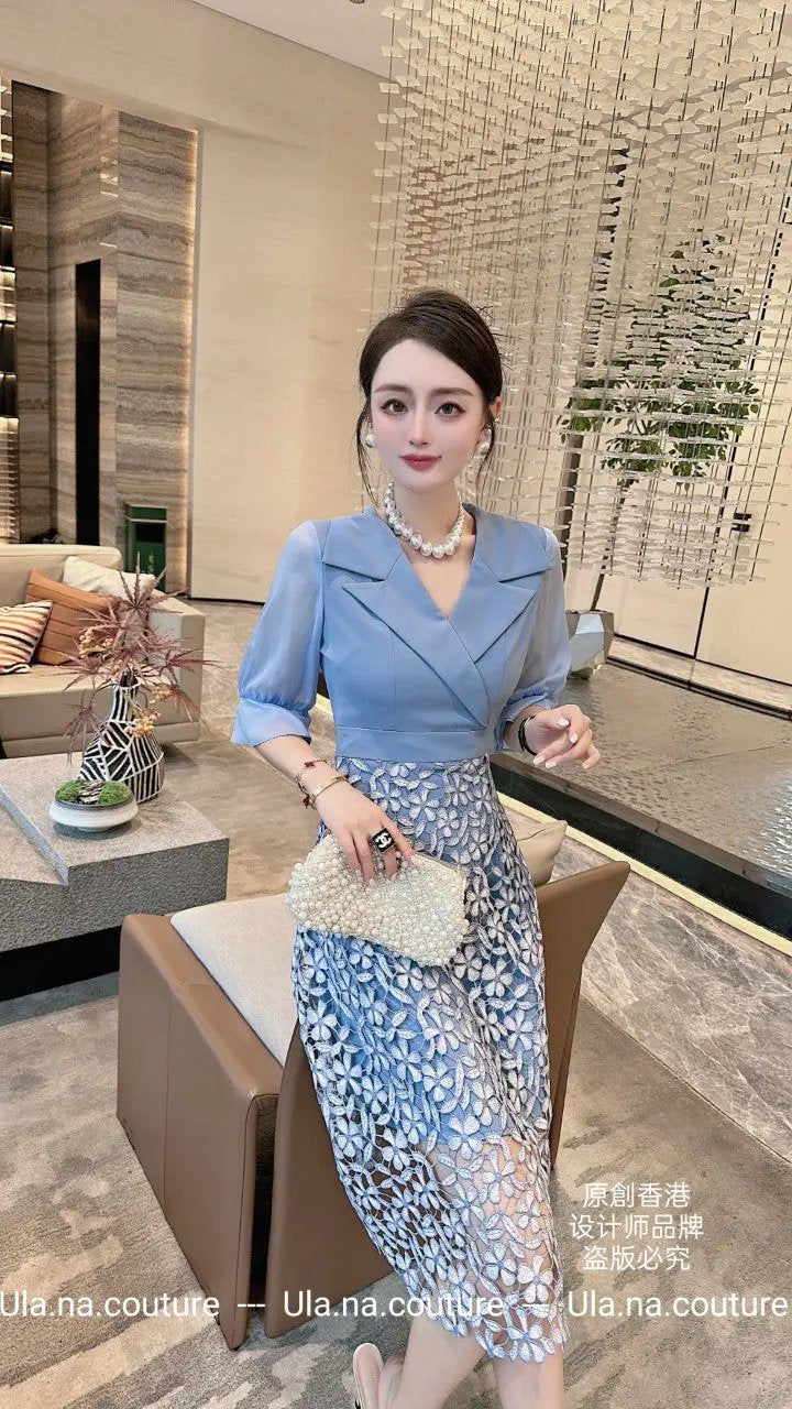 Elegant Light Blue Dress with Floral Lace Skirt ULA