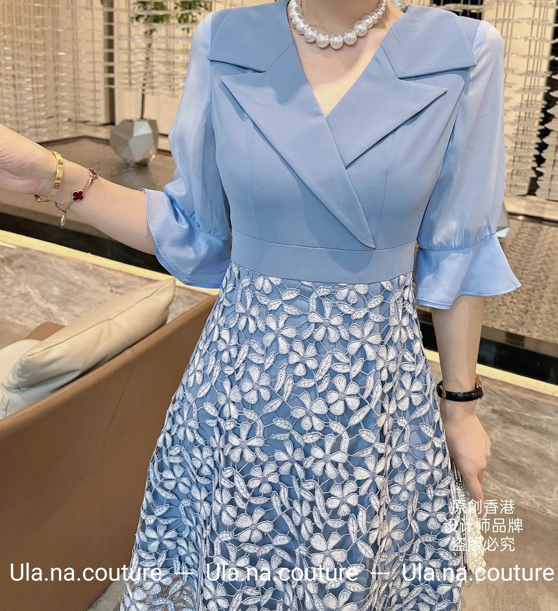 Elegant Light Blue Dress with Floral Lace Skirt ULA