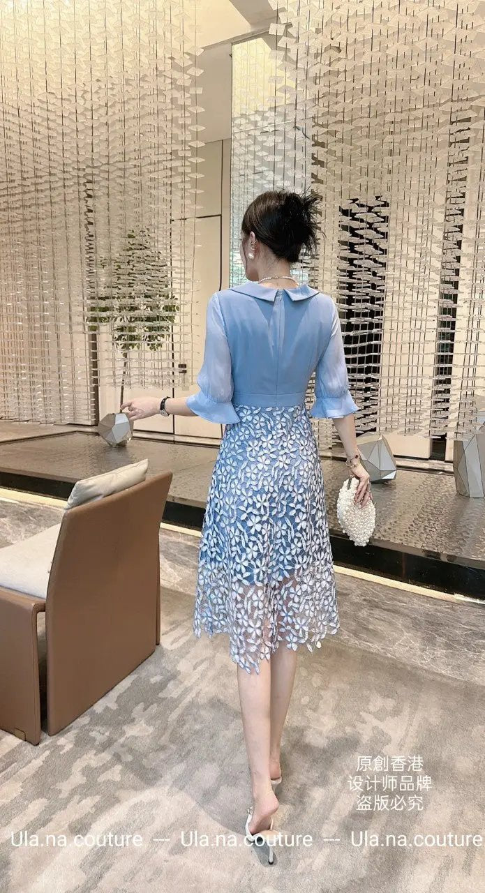 Elegant Light Blue Dress with Floral Lace Skirt ULA