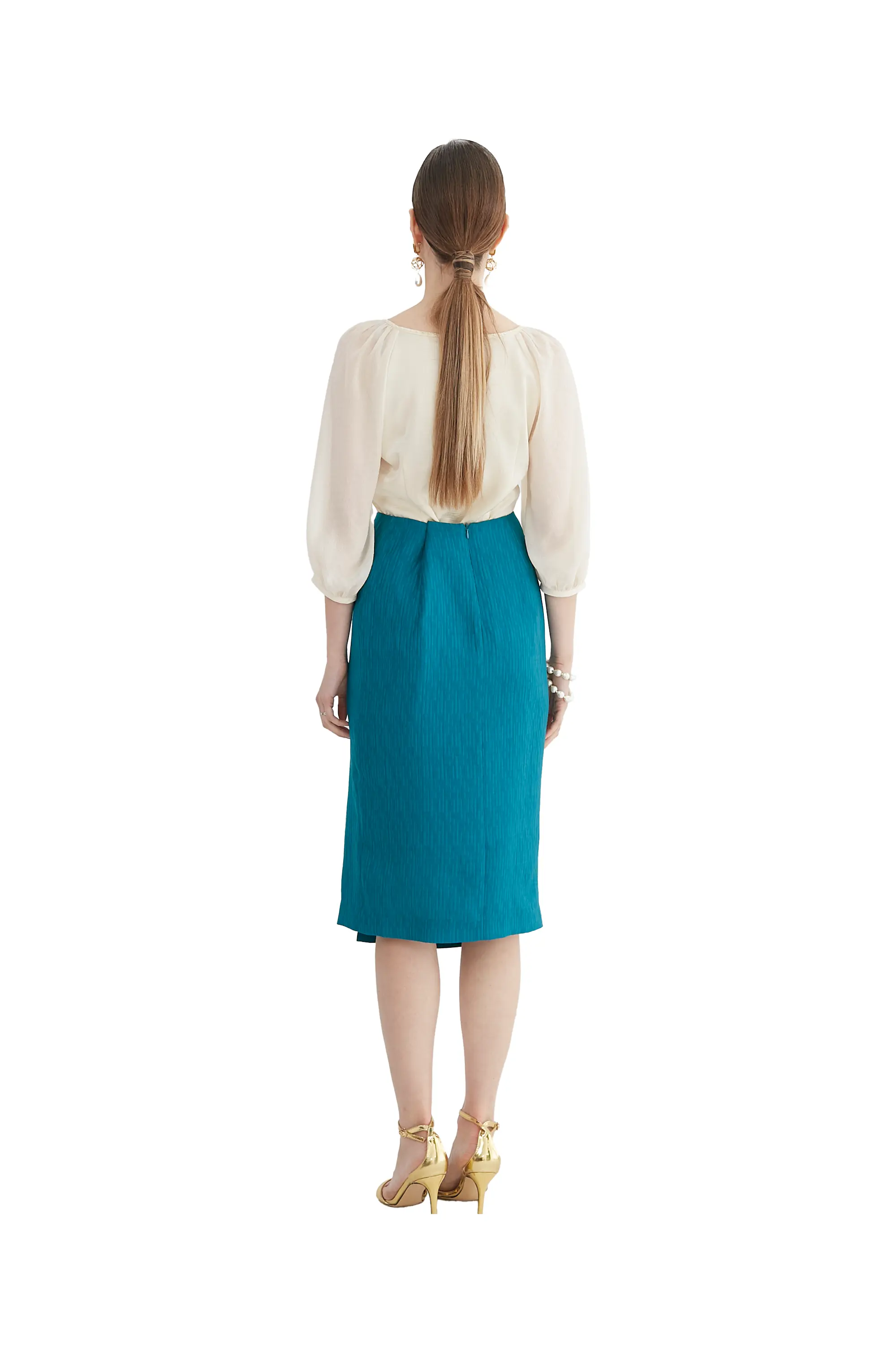 Classy Cream Blouse and Teal Skirt Ensemble - Stylish Combo ULA
