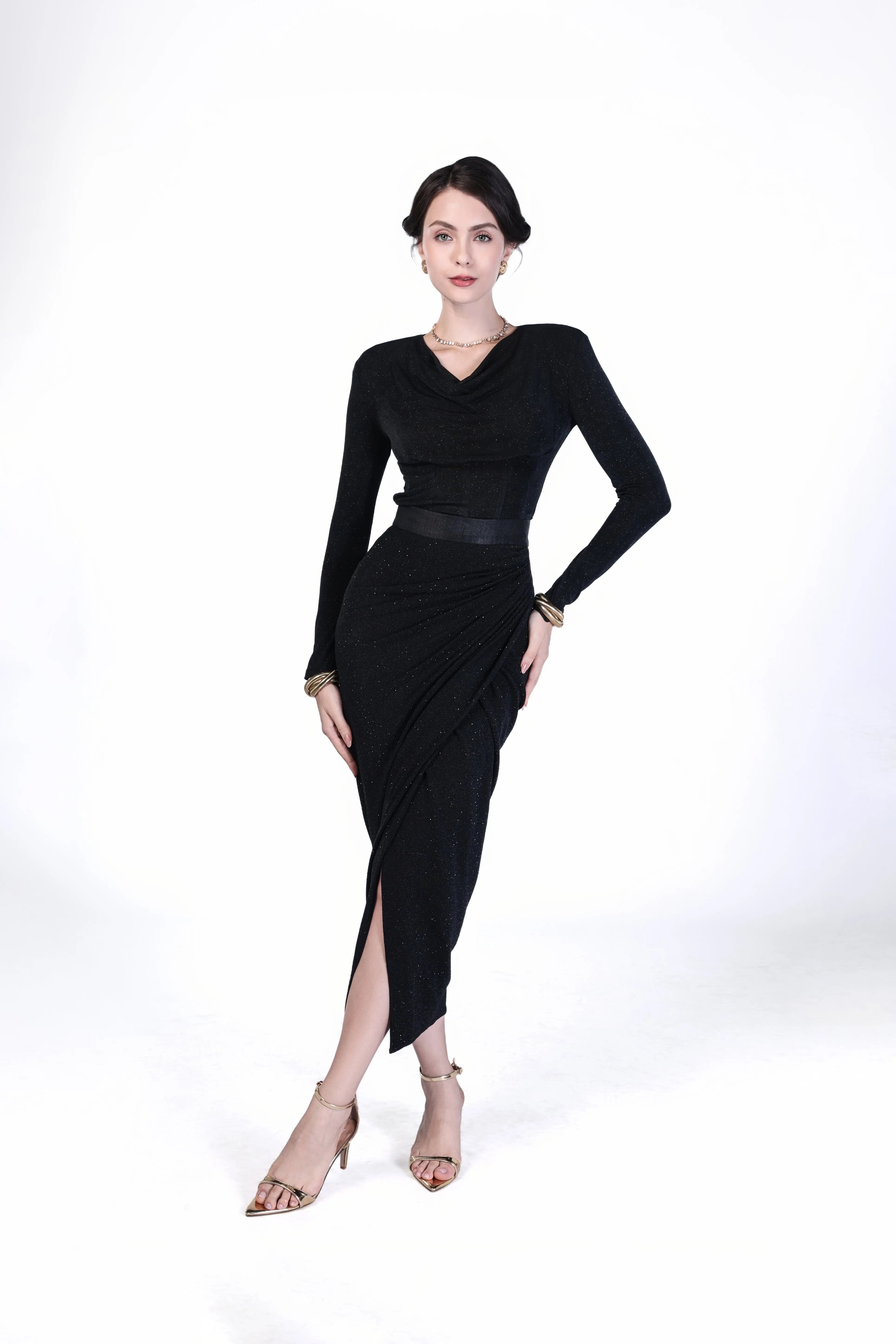 Glamourous Black V-Neck Evening Gown ULA