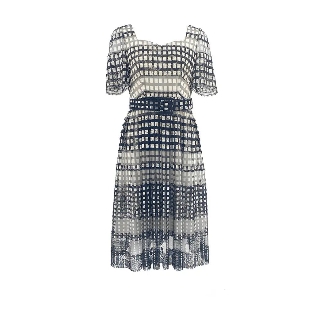 Chic Monochrome Mesh Checkered Midi Dress ULA