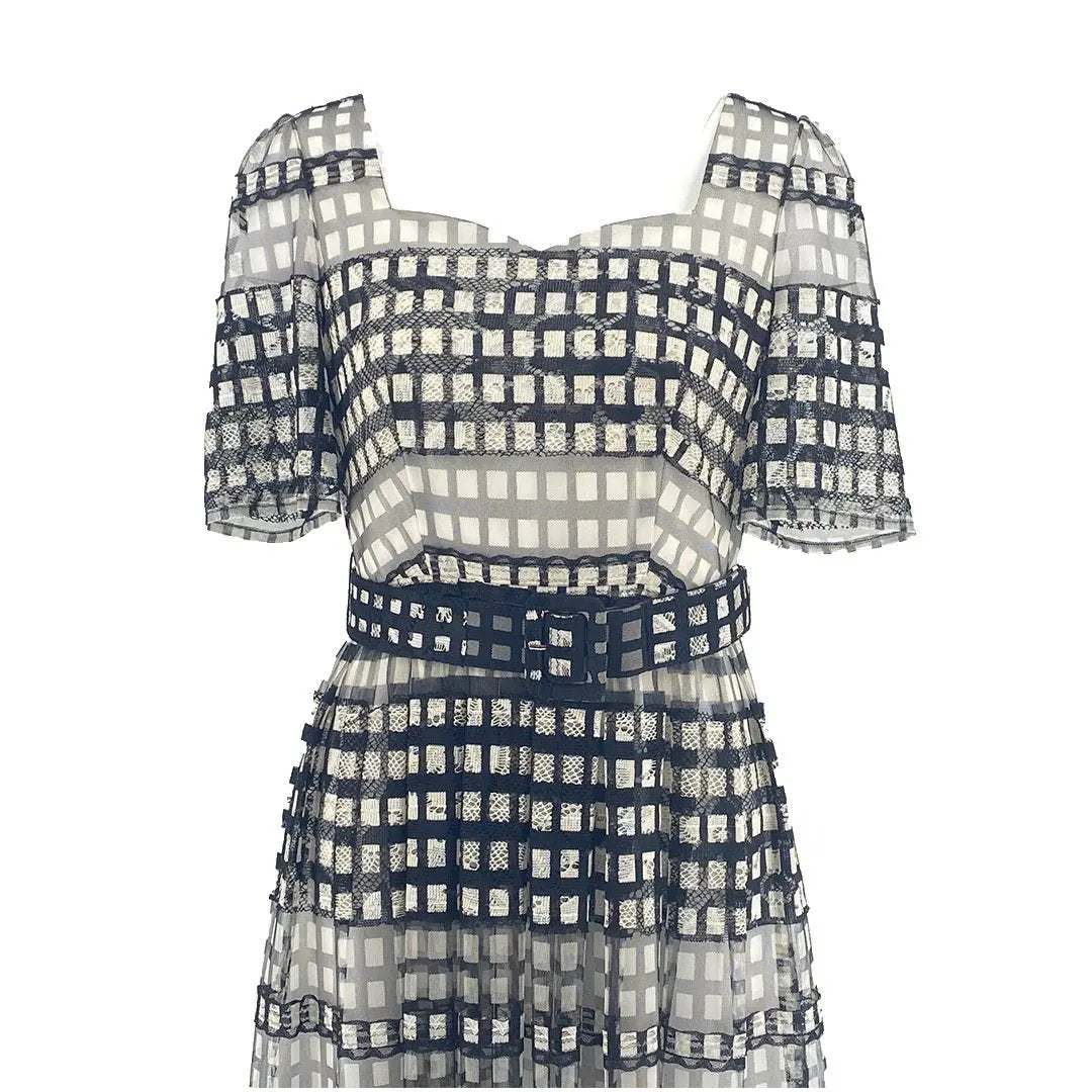 Chic Monochrome Mesh Checkered Midi Dress ULA