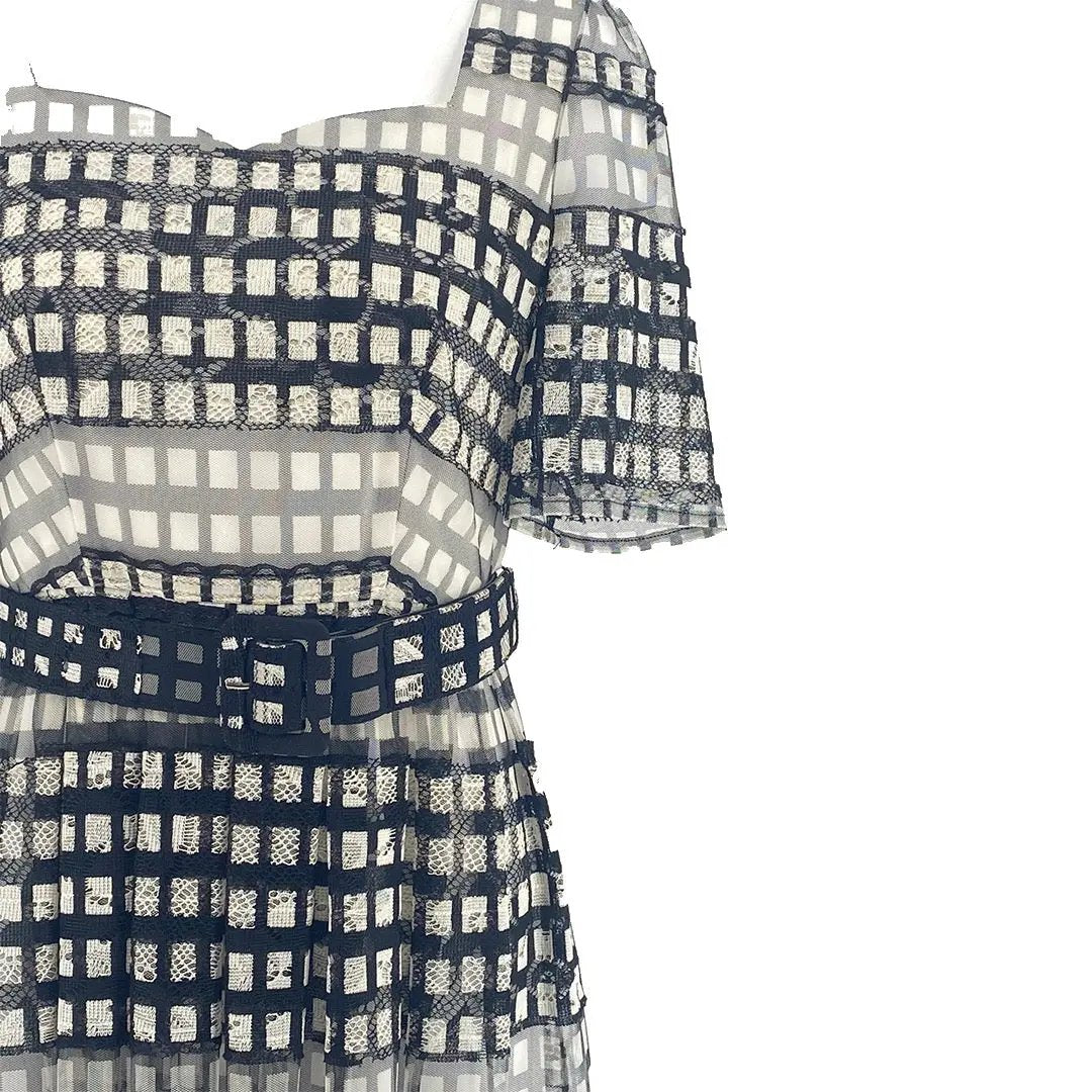 Chic Monochrome Mesh Checkered Midi Dress ULA