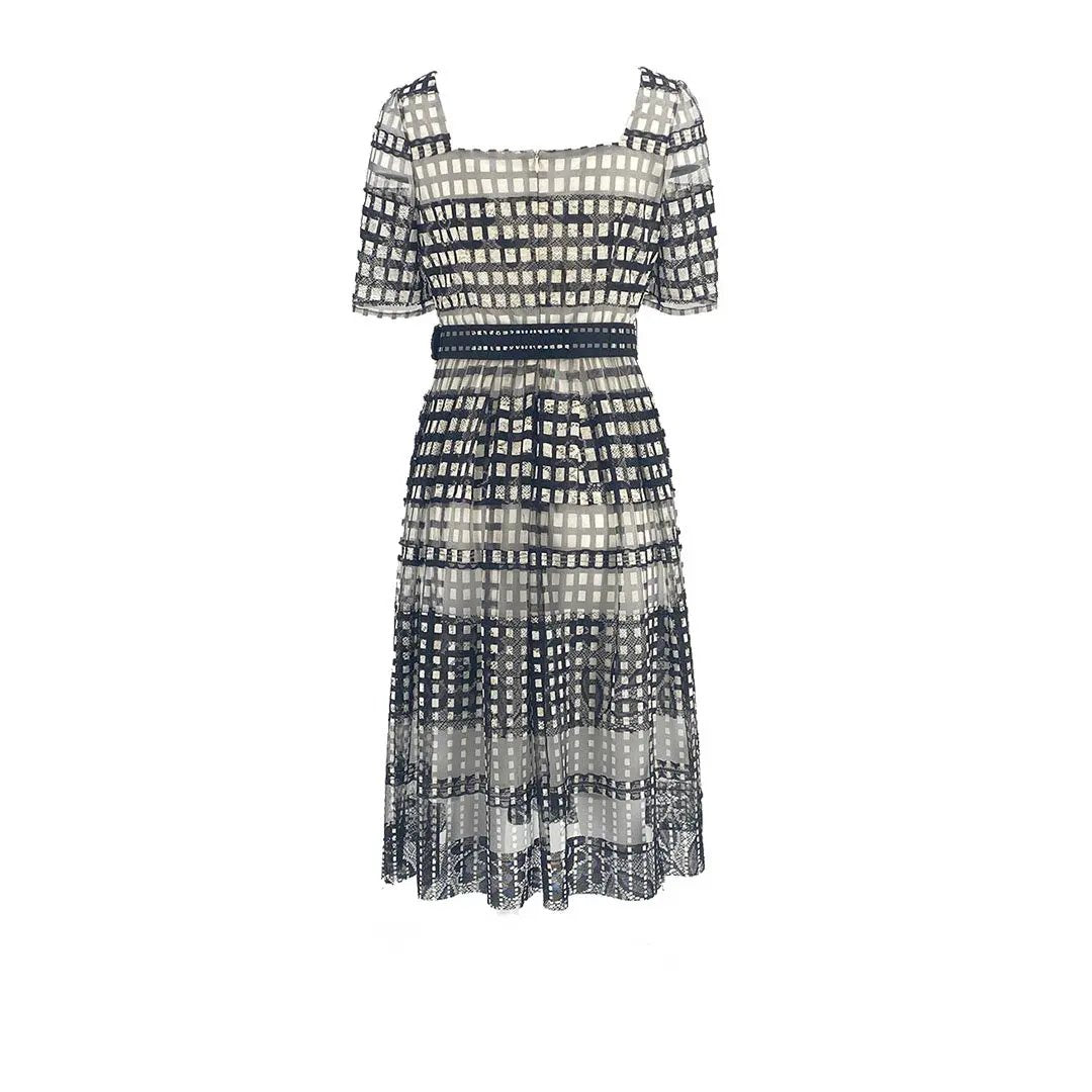 Chic Monochrome Mesh Checkered Midi Dress ULA