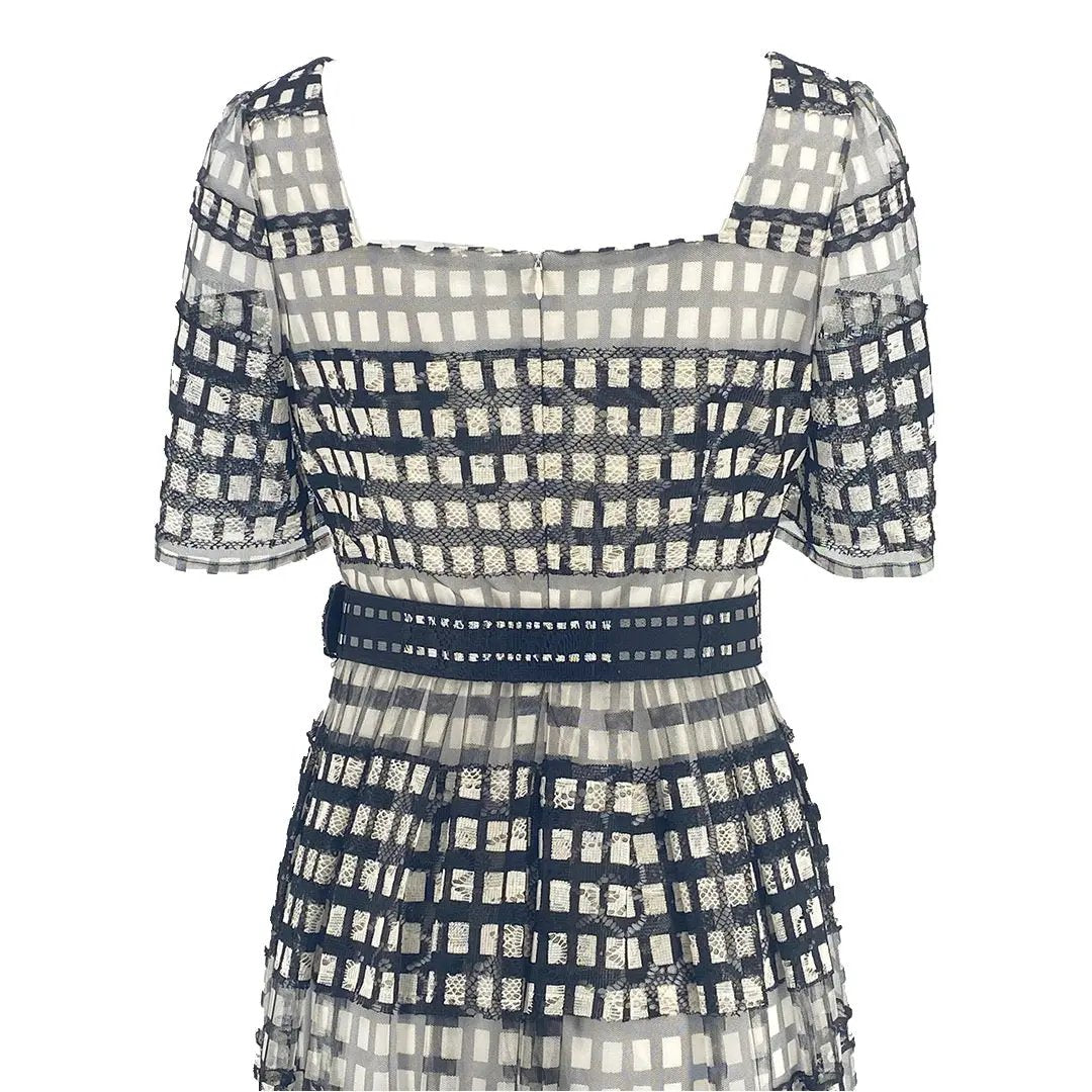 Chic Monochrome Mesh Checkered Midi Dress ULA