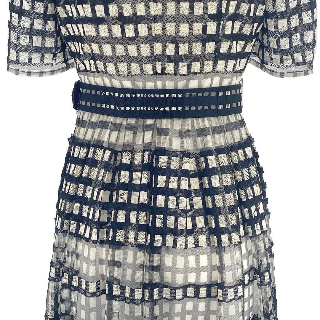 Chic Monochrome Mesh Checkered Midi Dress ULA