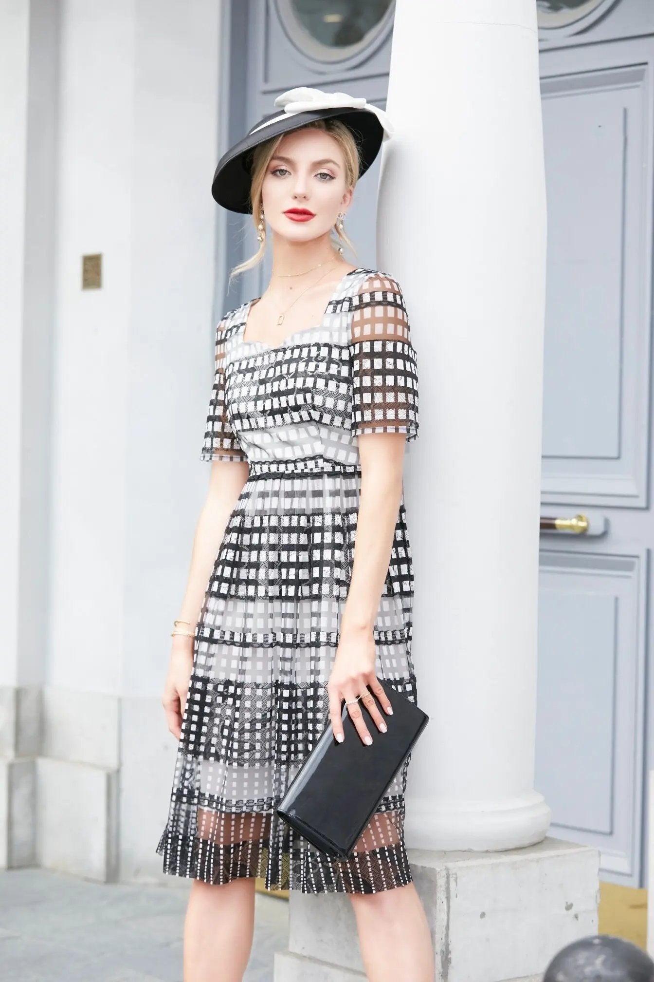 Chic Monochrome Mesh Checkered Midi Dress ULA