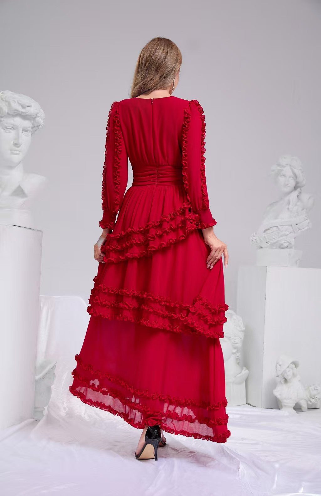 Red Ruffle Tiered Chiffon Maxi Dress | Elegant Occasion Wear