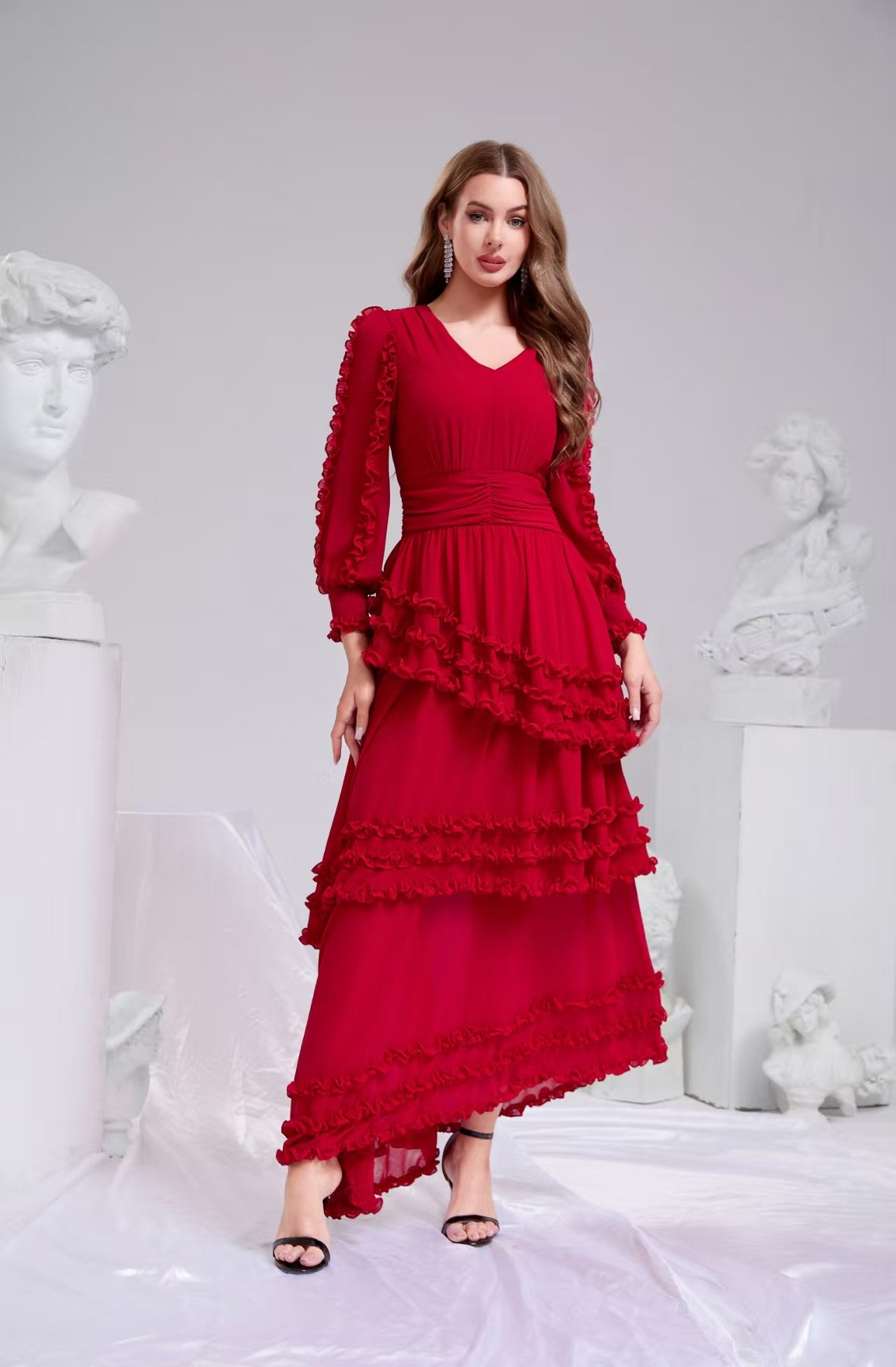 Red Ruffle Tiered Chiffon Maxi Dress | Elegant Occasion Wear