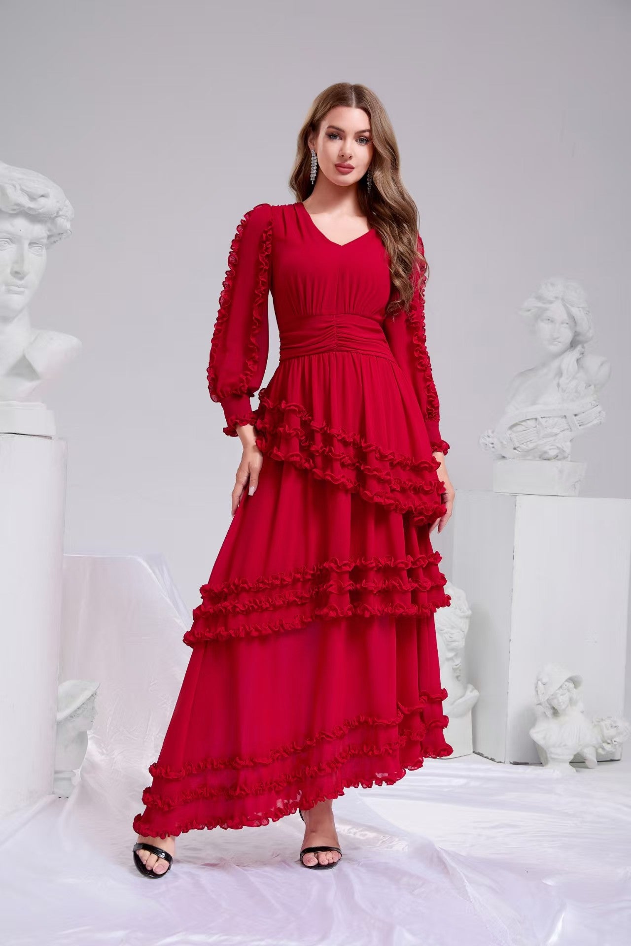 Red Ruffle Tiered Chiffon Maxi Dress | Elegant Occasion Wear