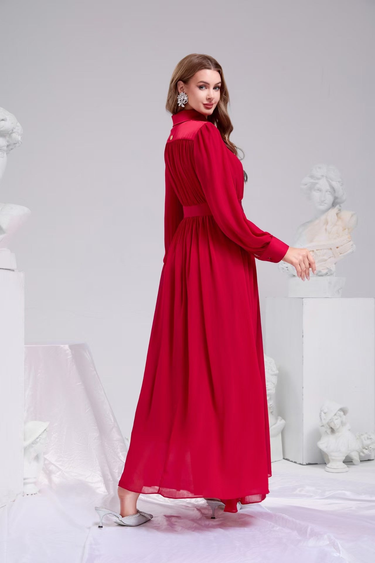 Belted Pleated Maxi Shirt Dress | Elegant Long Sleeve Maxi