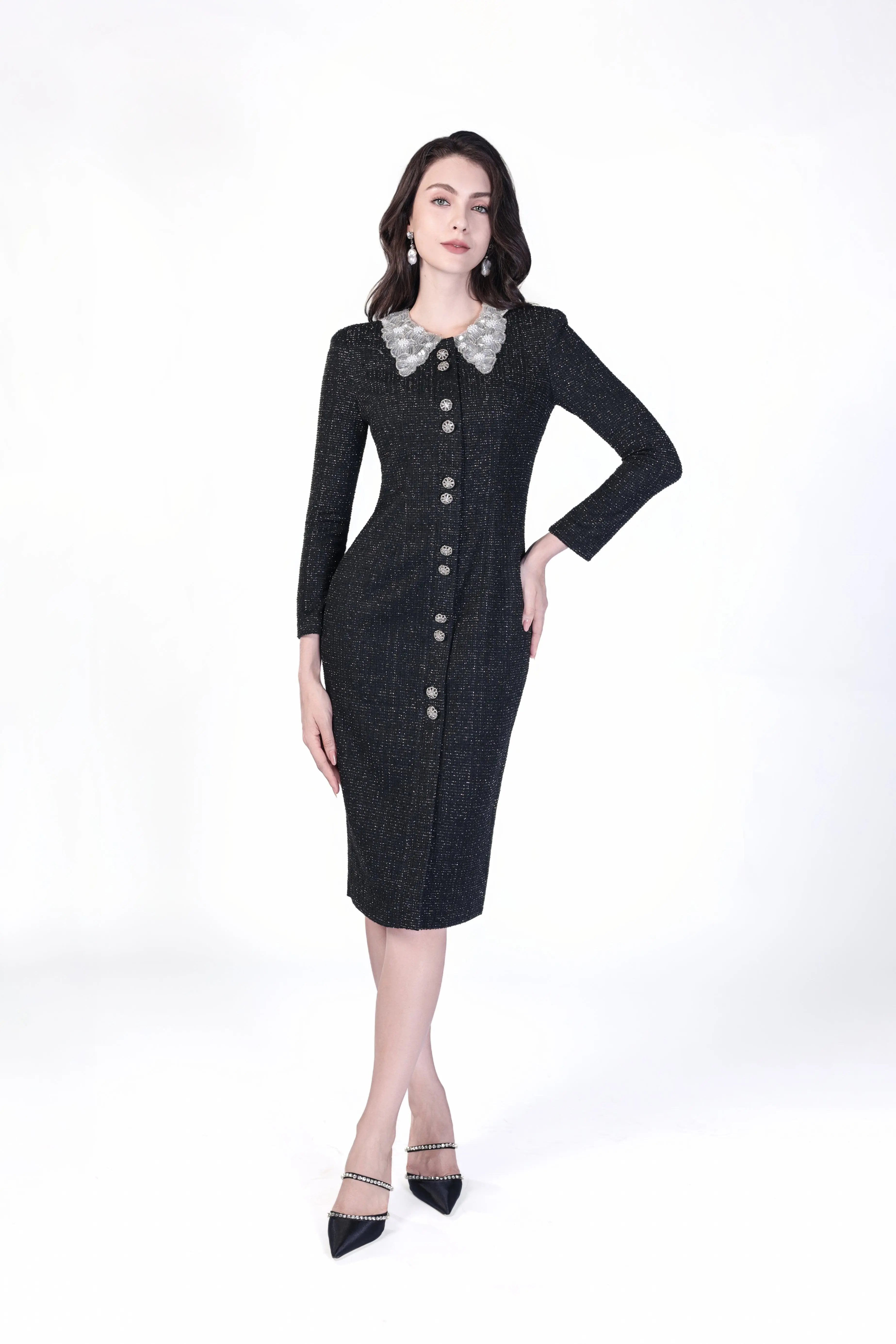 Sequined Long Dress with Collared Detail ULA