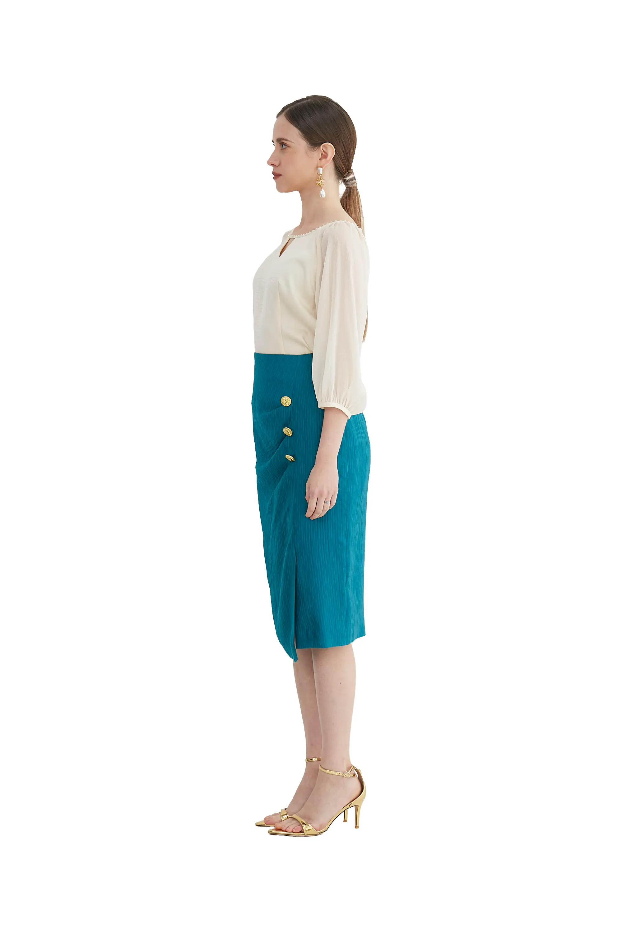 Classy Cream Blouse and Teal Skirt Ensemble - Stylish Combo ULA
