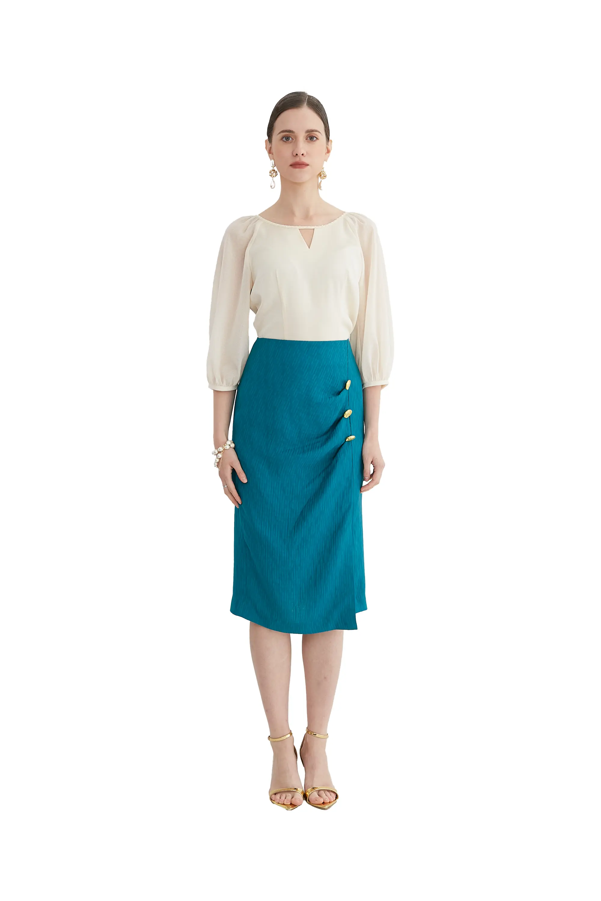 Classy Cream Blouse and Teal Skirt Ensemble - Stylish Combo ULA