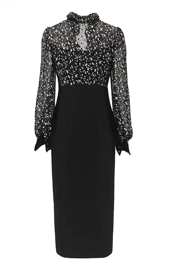 Black Hepburn Style Long Sleeved Dress, French Style Waist Length Dress ULA