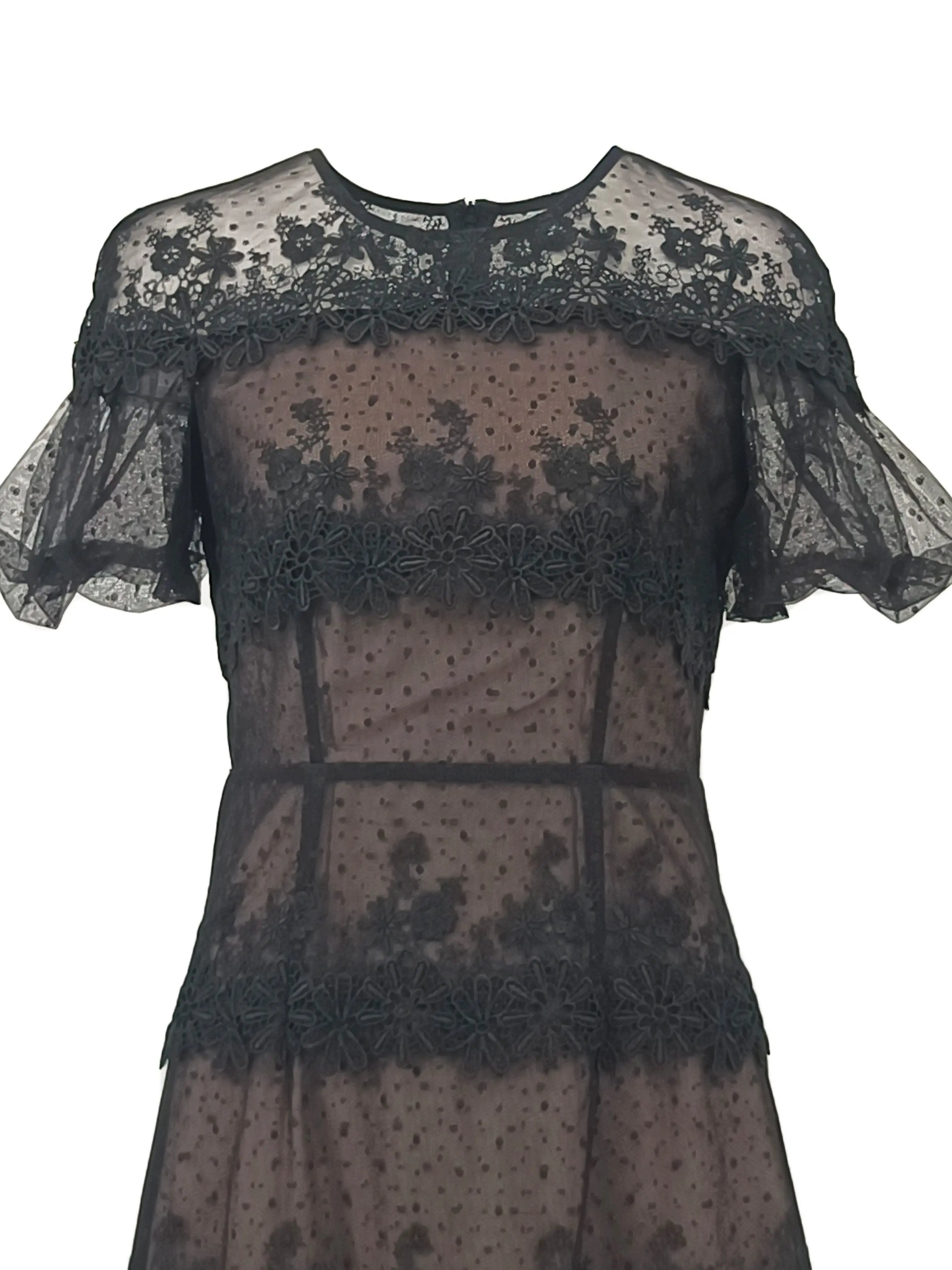 Large size women's summer short sleeved design with a waist cinching temperament, lace long dress for chubby girl, slim and retro dress ULA