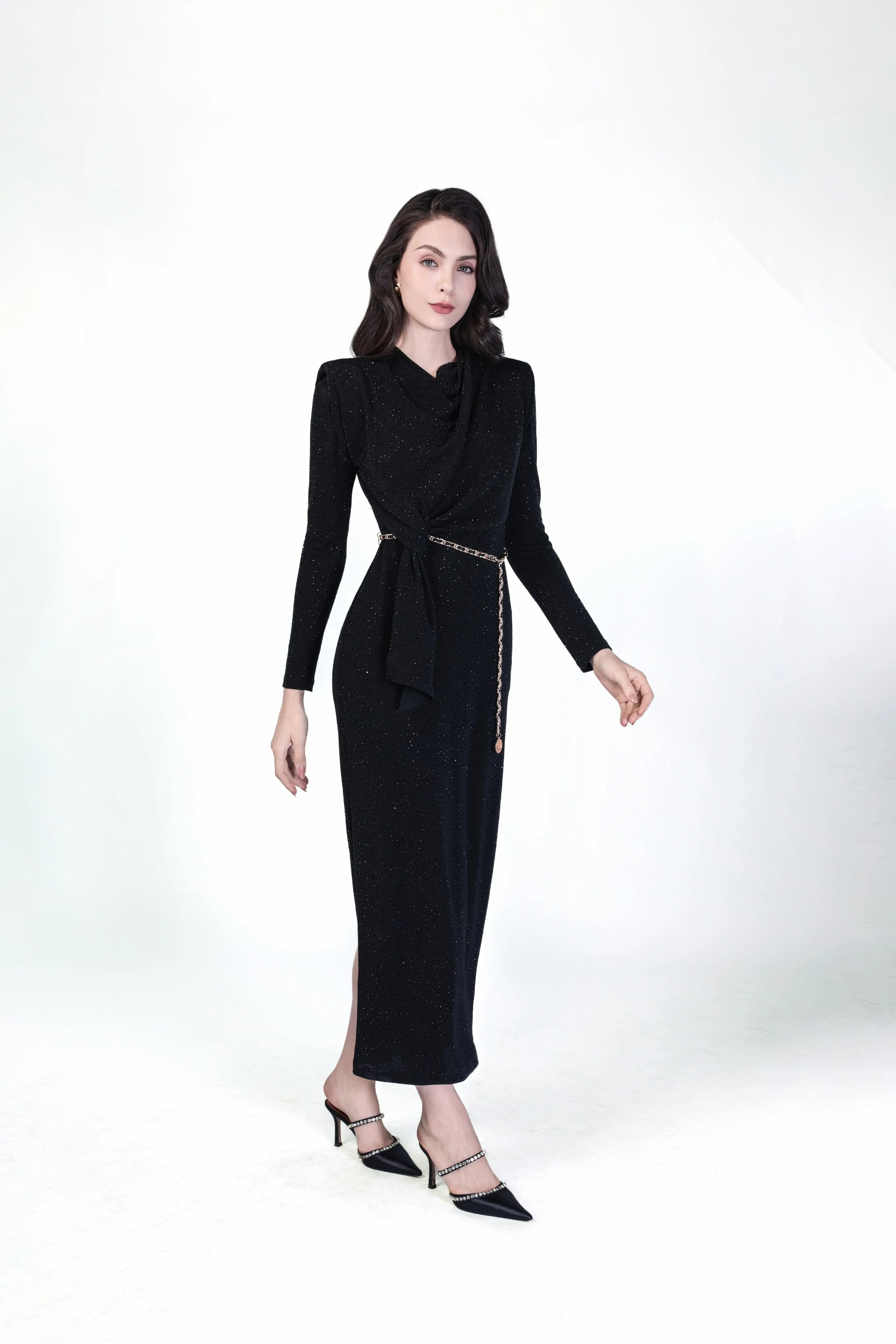 Sequined Wrap Dress with Gold Chain Belt ULA
