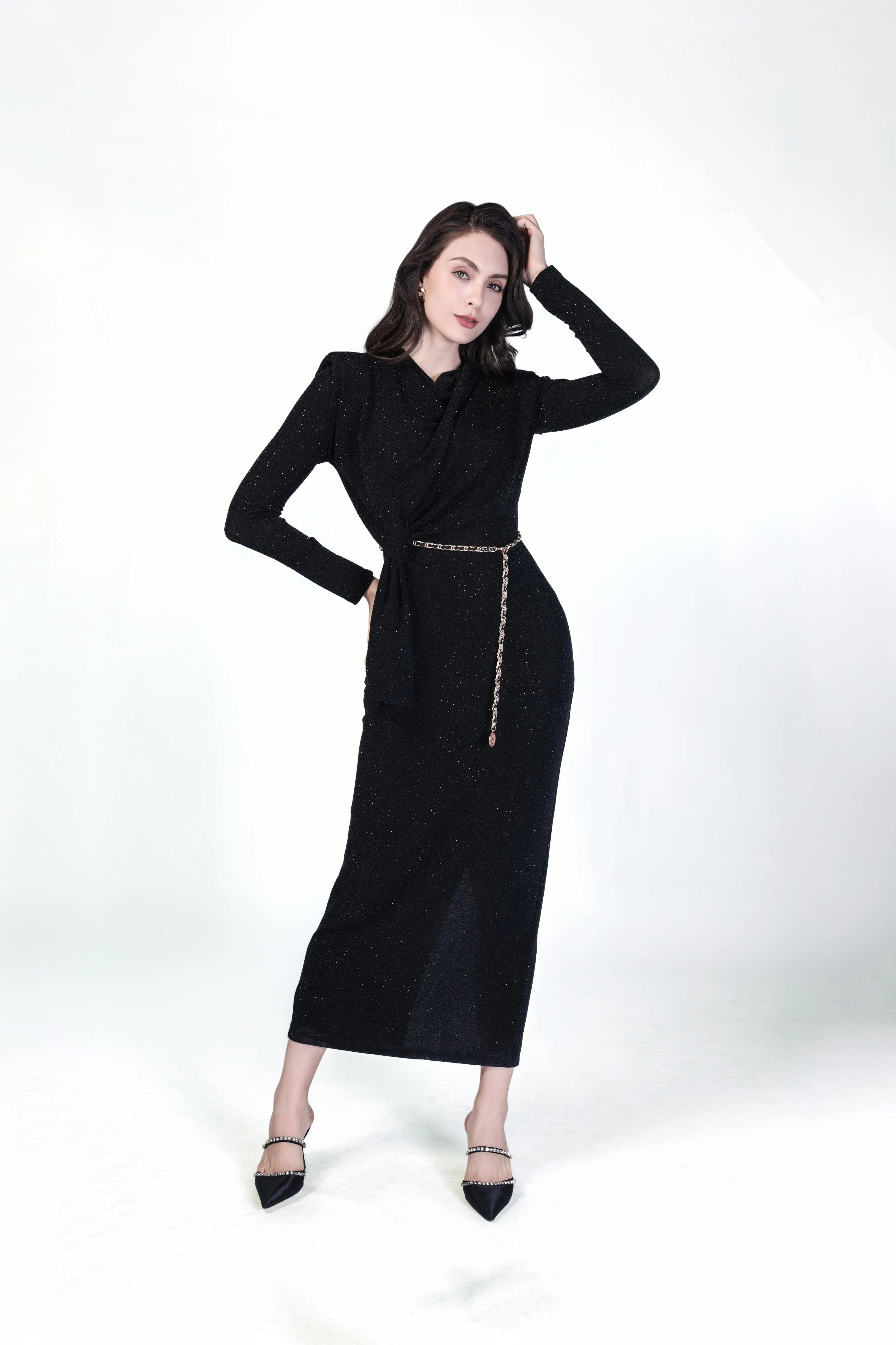 Sequined Wrap Dress with Gold Chain Belt ULA