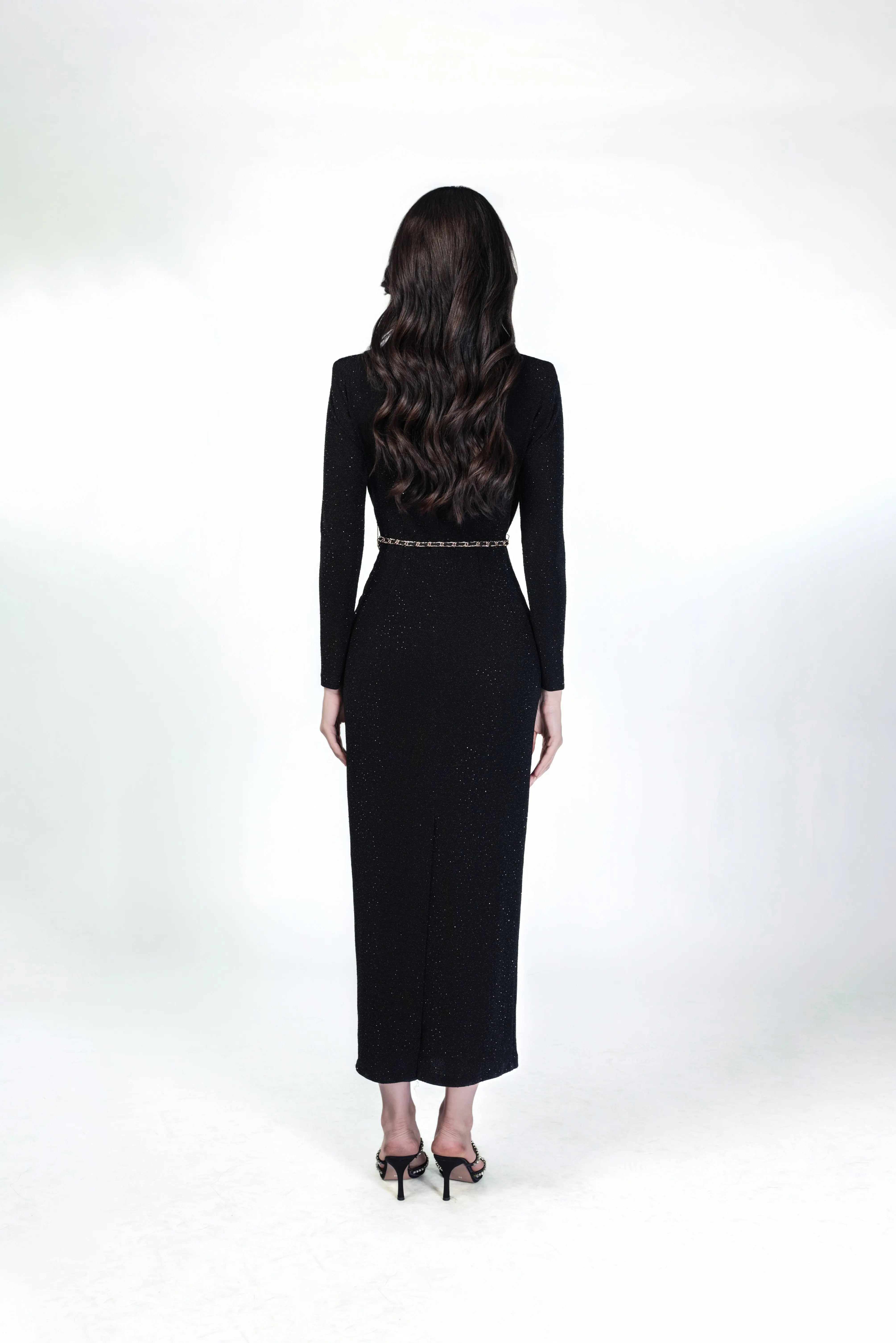 Sequined Wrap Dress with Gold Chain Belt ULA