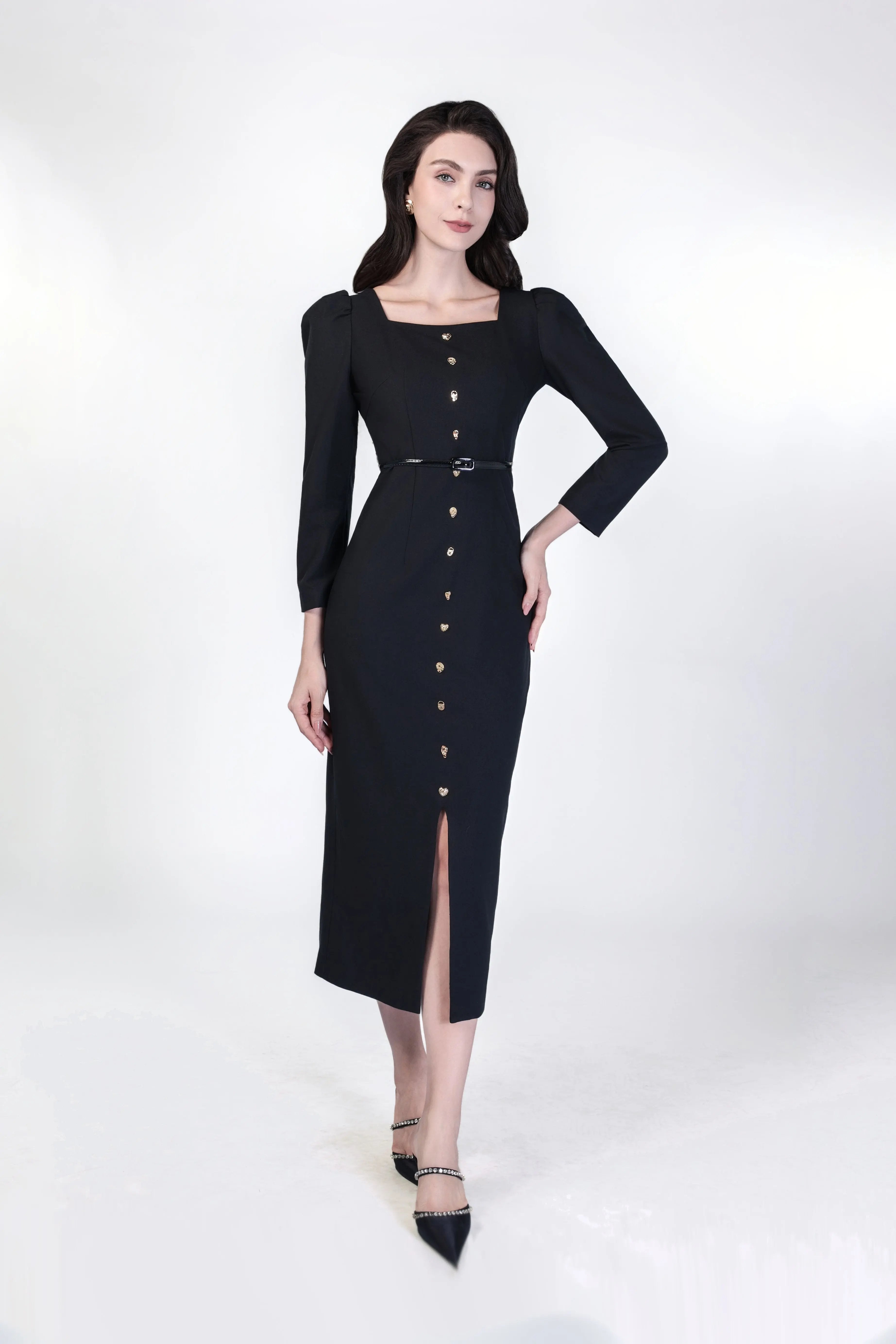 Elegant Black Dress with Beaded Collar ULA