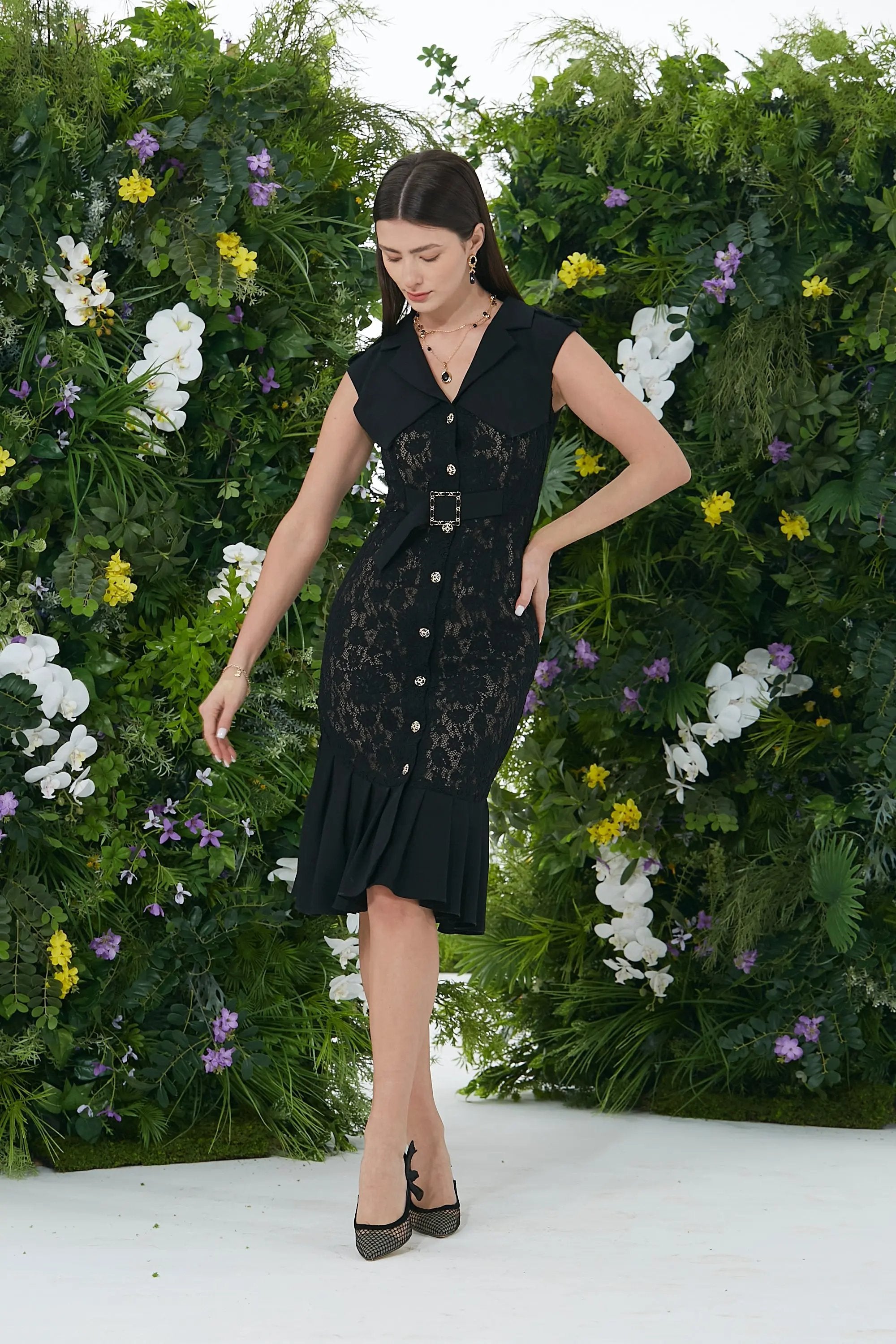 Elegant Black Lace Midi Dress ULA