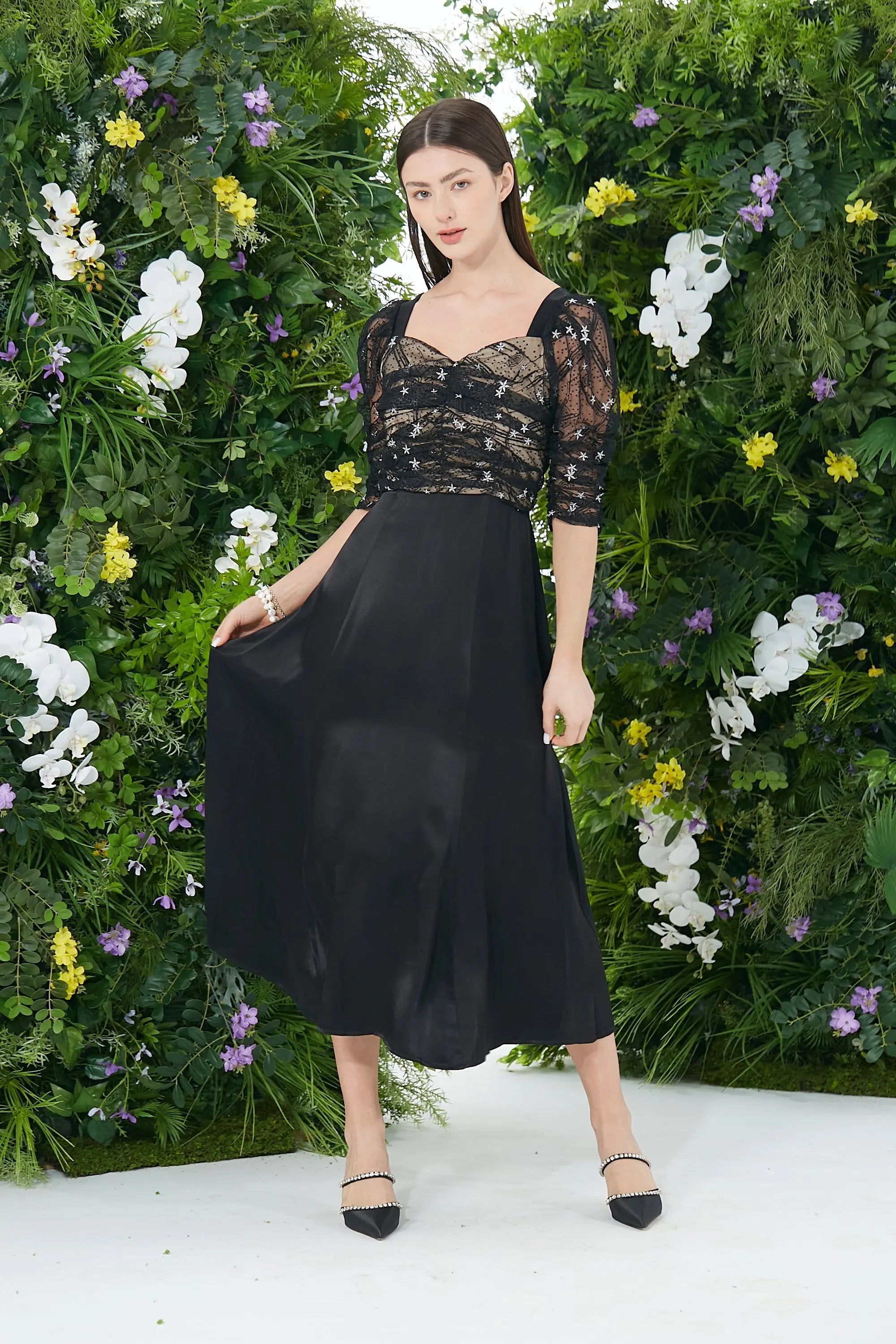 Glamorous Black Lace and Satin Dress ULA