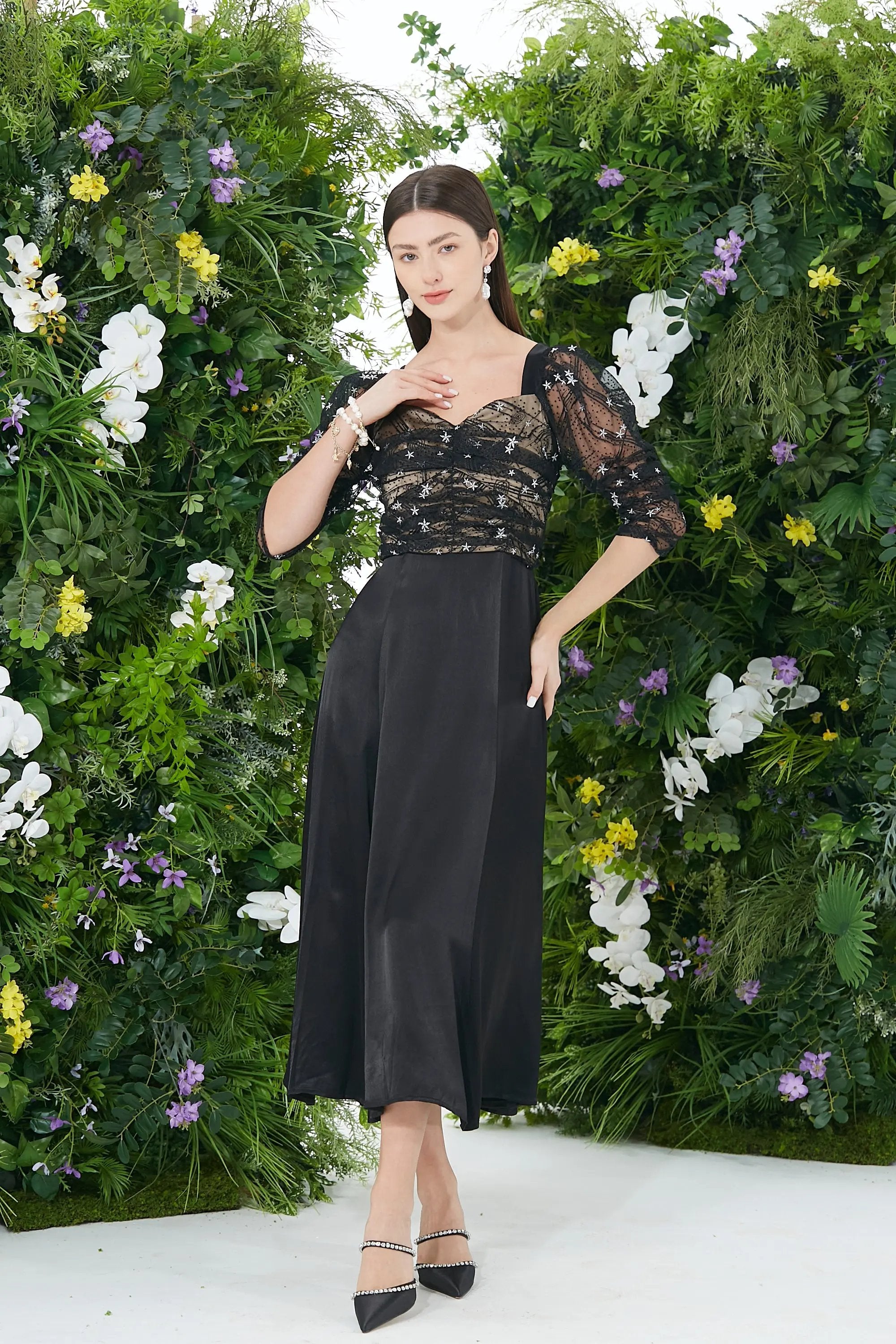 Glamorous Black Lace and Satin Dress ULA