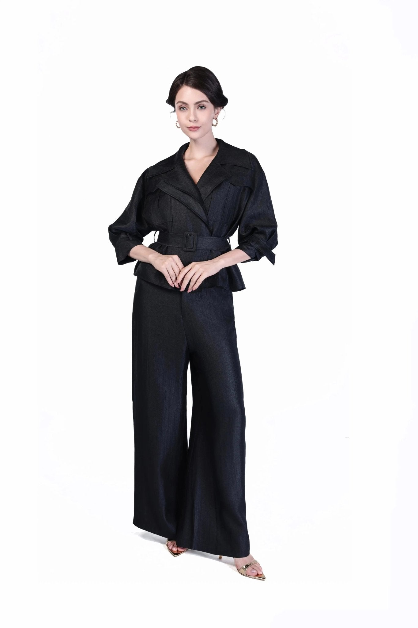 Chic Black Wrap Jacket and Flare Pants Set ULA