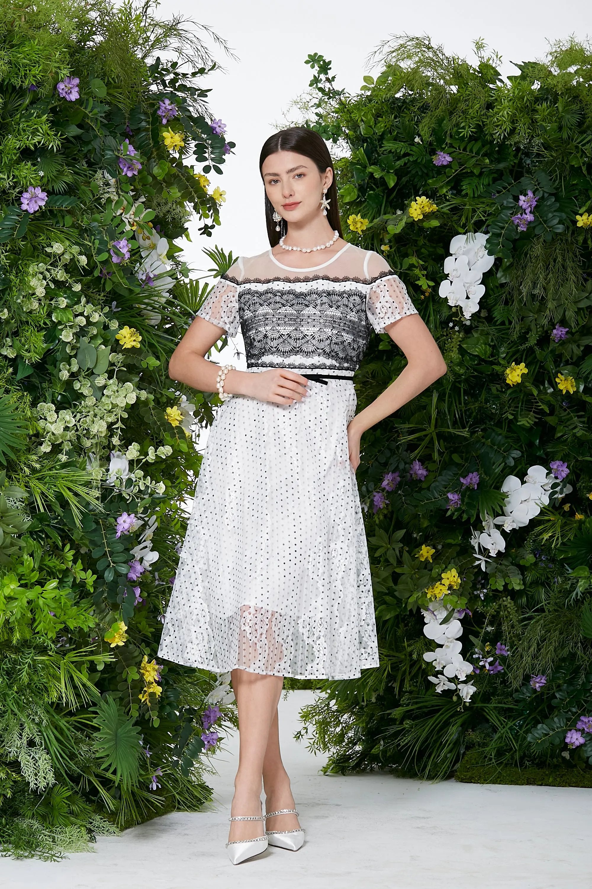 Charming Polka Dot and Lace Midi Dress ULA