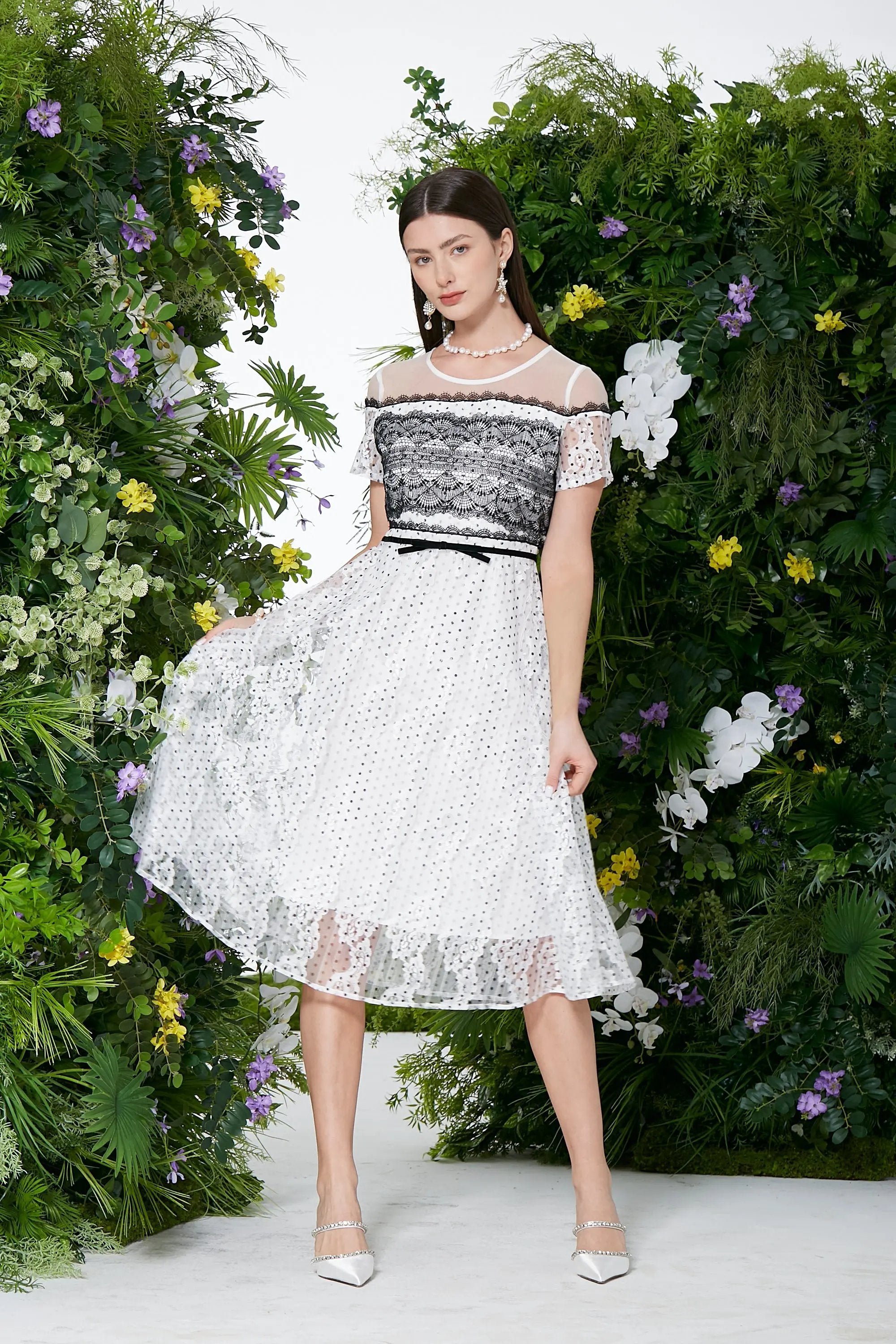 Charming Polka Dot and Lace Midi Dress ULA