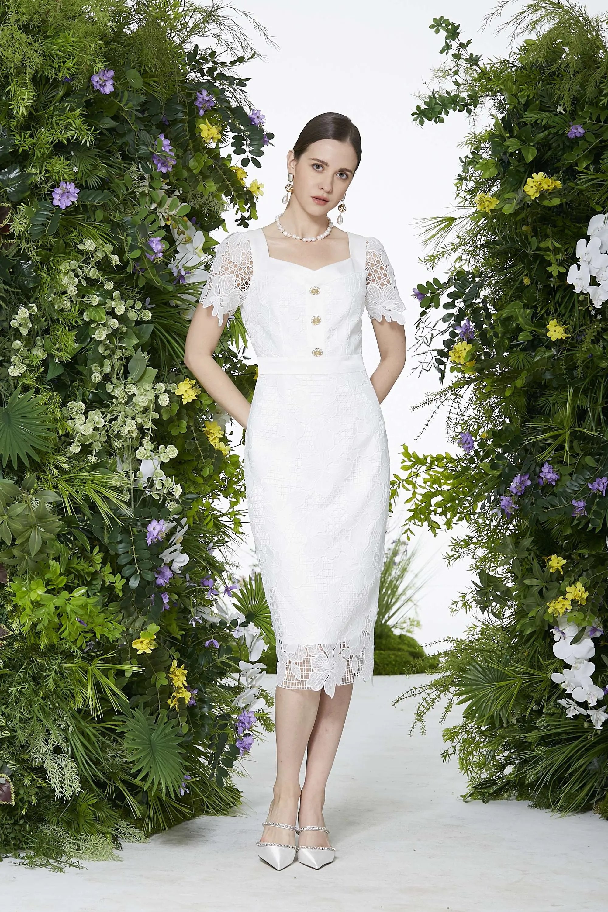 Ladies' Elegant Summer Temperament Square Collar Lace Waist Skirt ULA