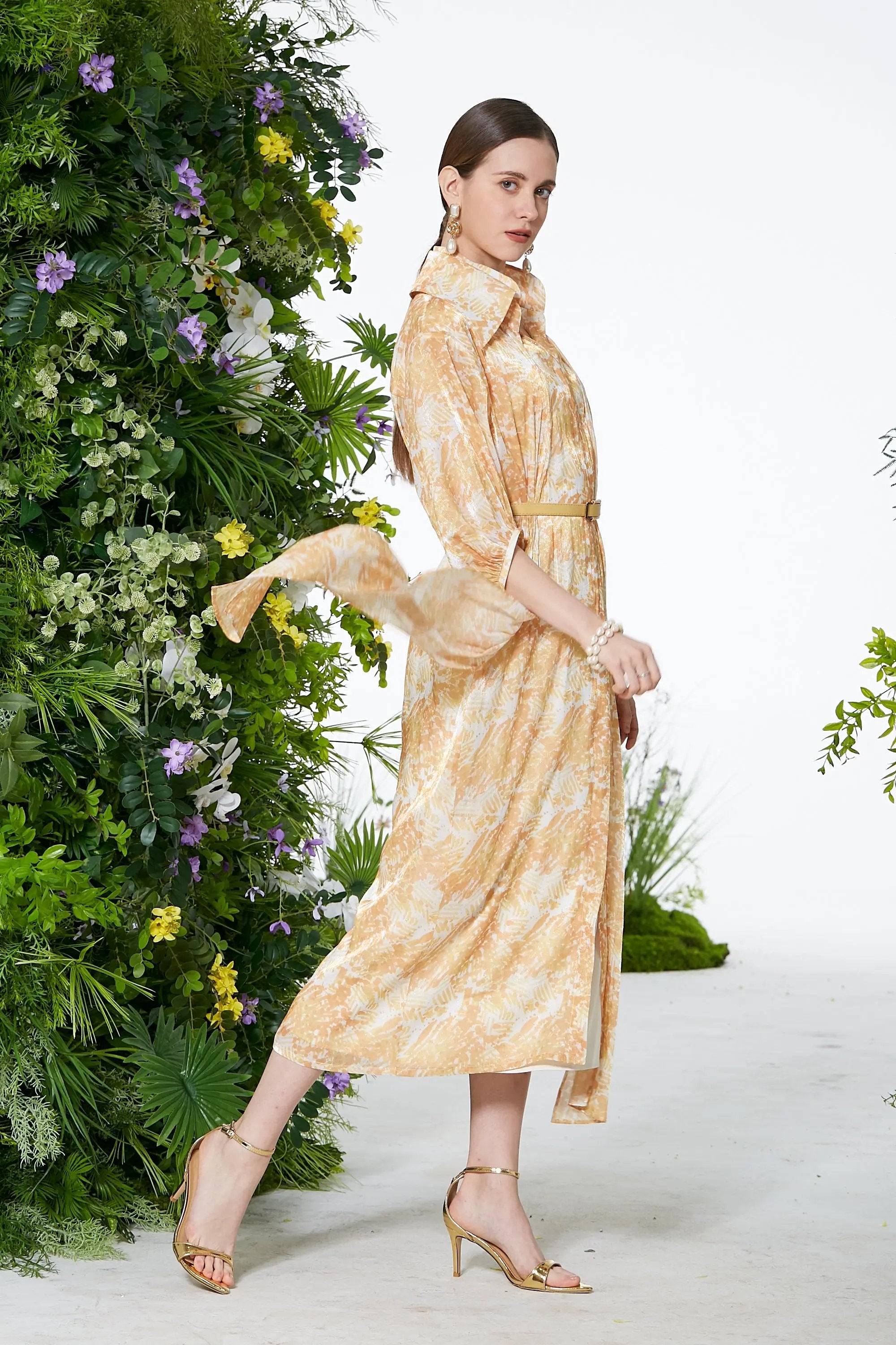 Women's Spring and Summer Stand Collar Belted Vibrant Elegant  Dress ULA