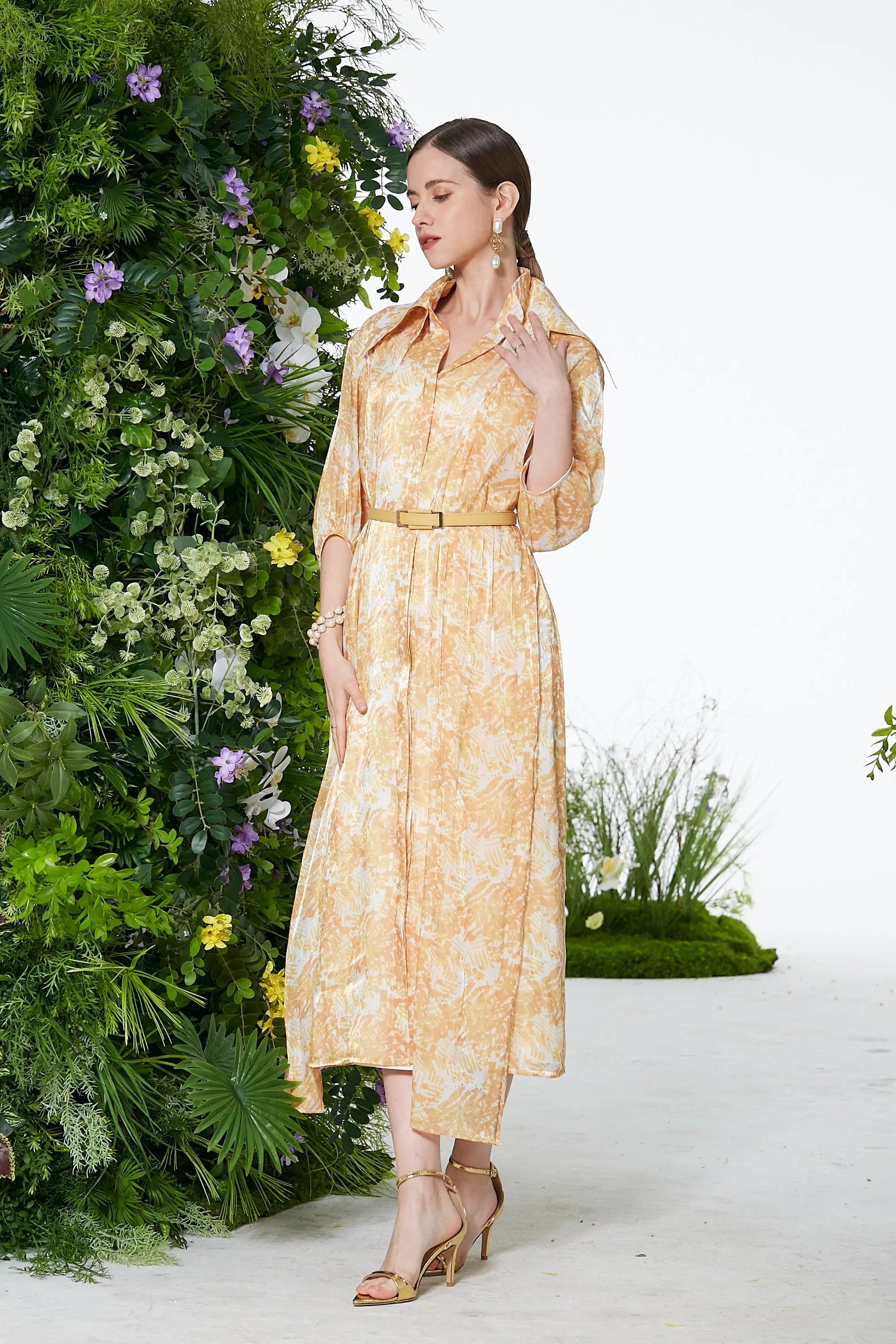 Women's Spring and Summer Stand Collar Belted Vibrant Elegant  Dress ULA