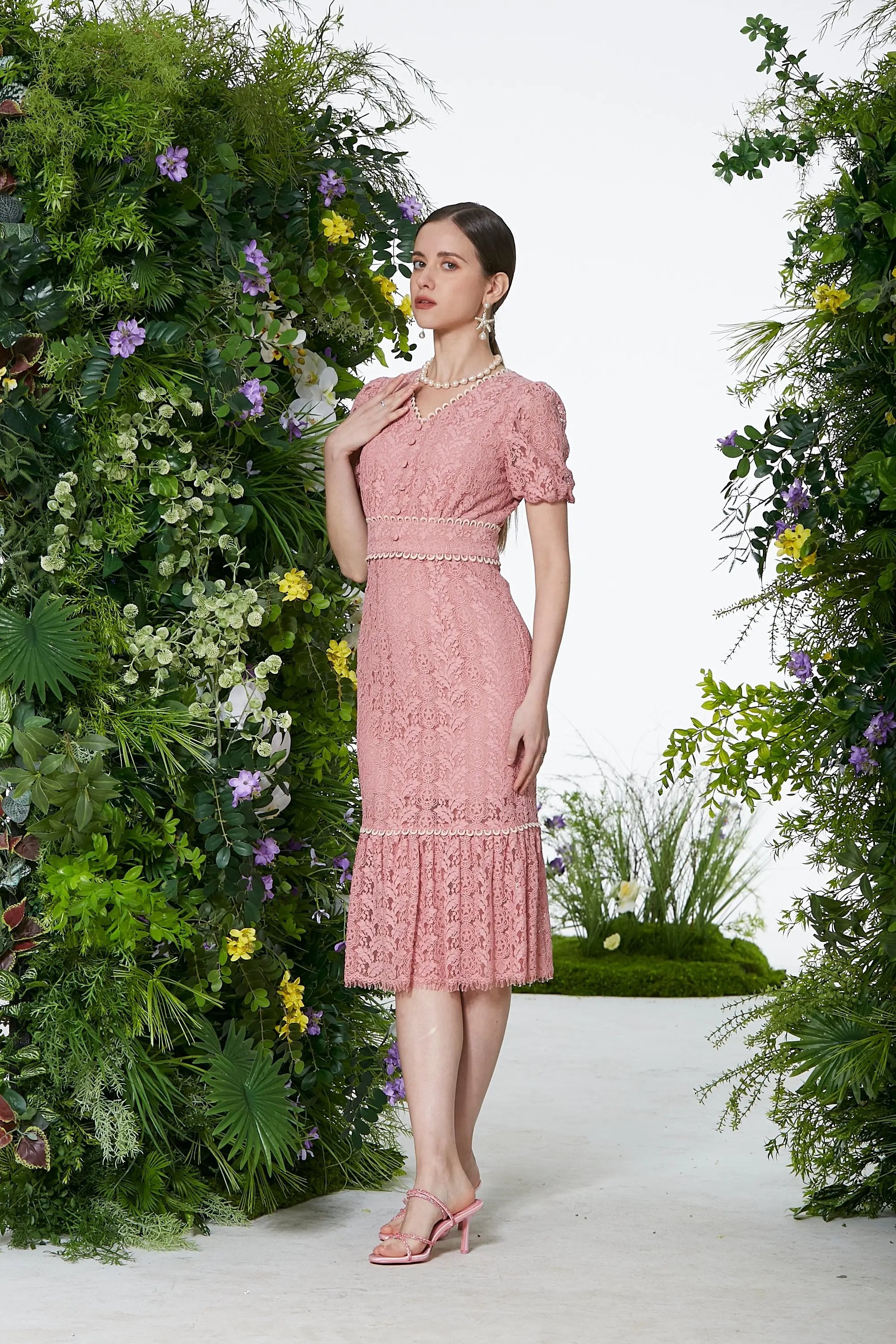 Elegant White and Pink Lace Midi Dress ULA