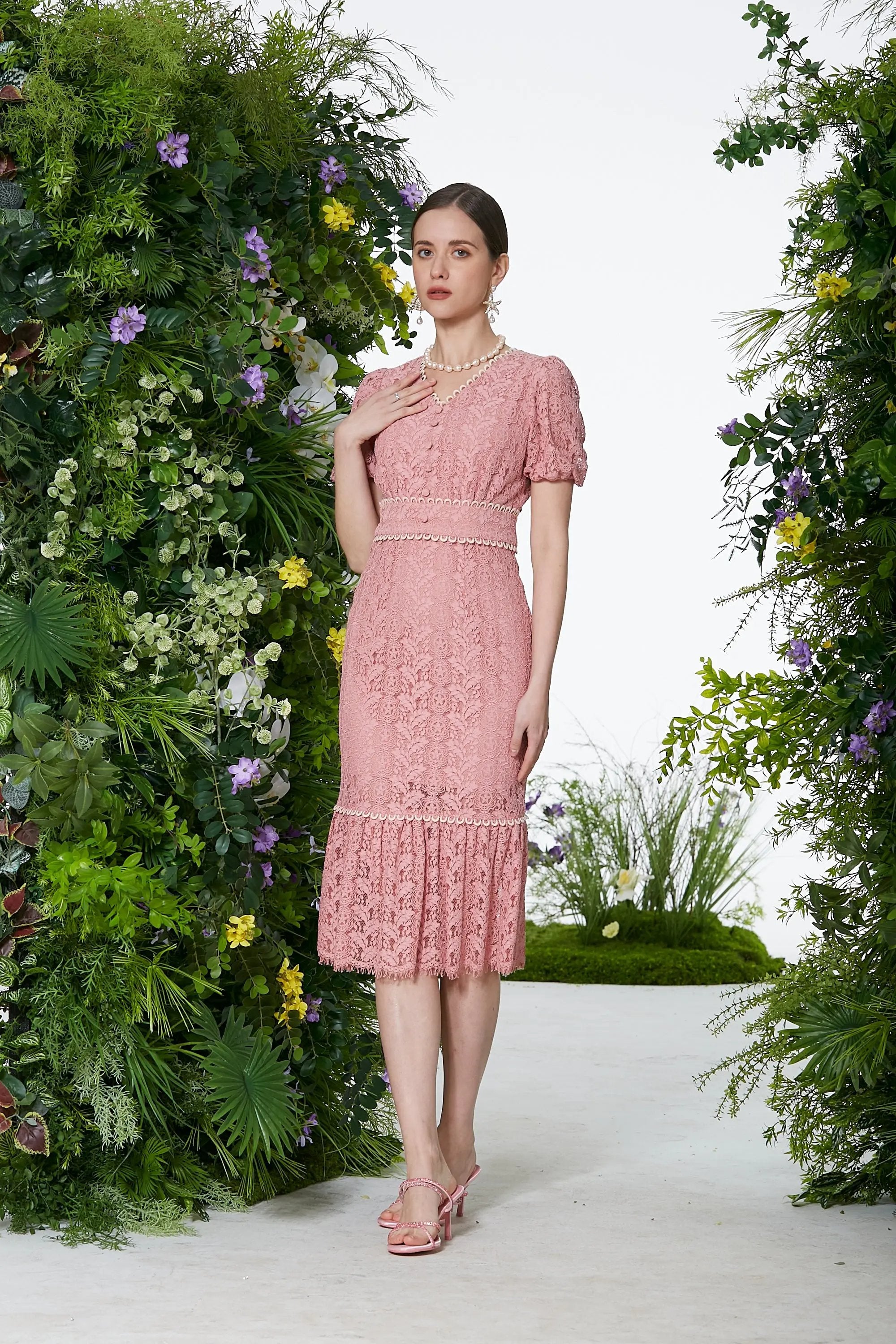 Elegant White and Pink Lace Midi Dress ULA