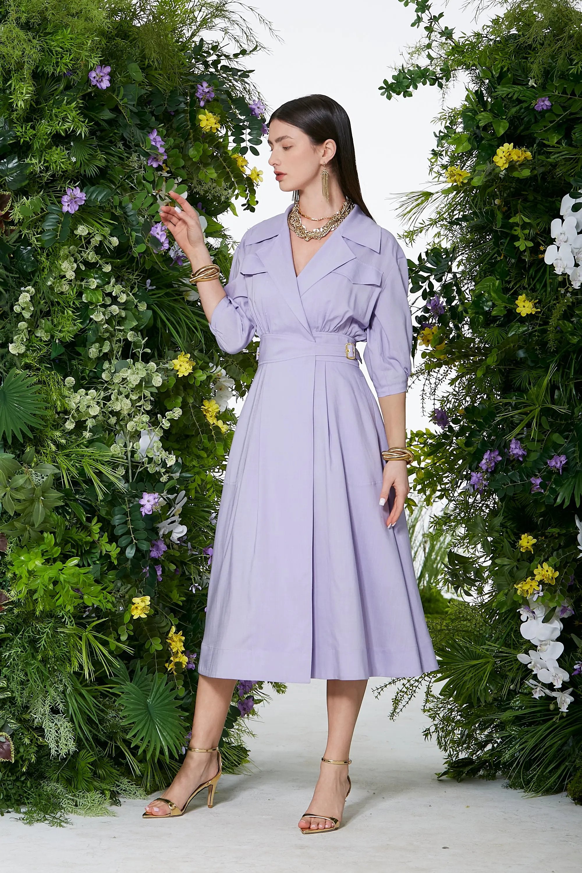 Women’s Spring High Elegant Intellectual V-neck Nipped Waists Dress ULA