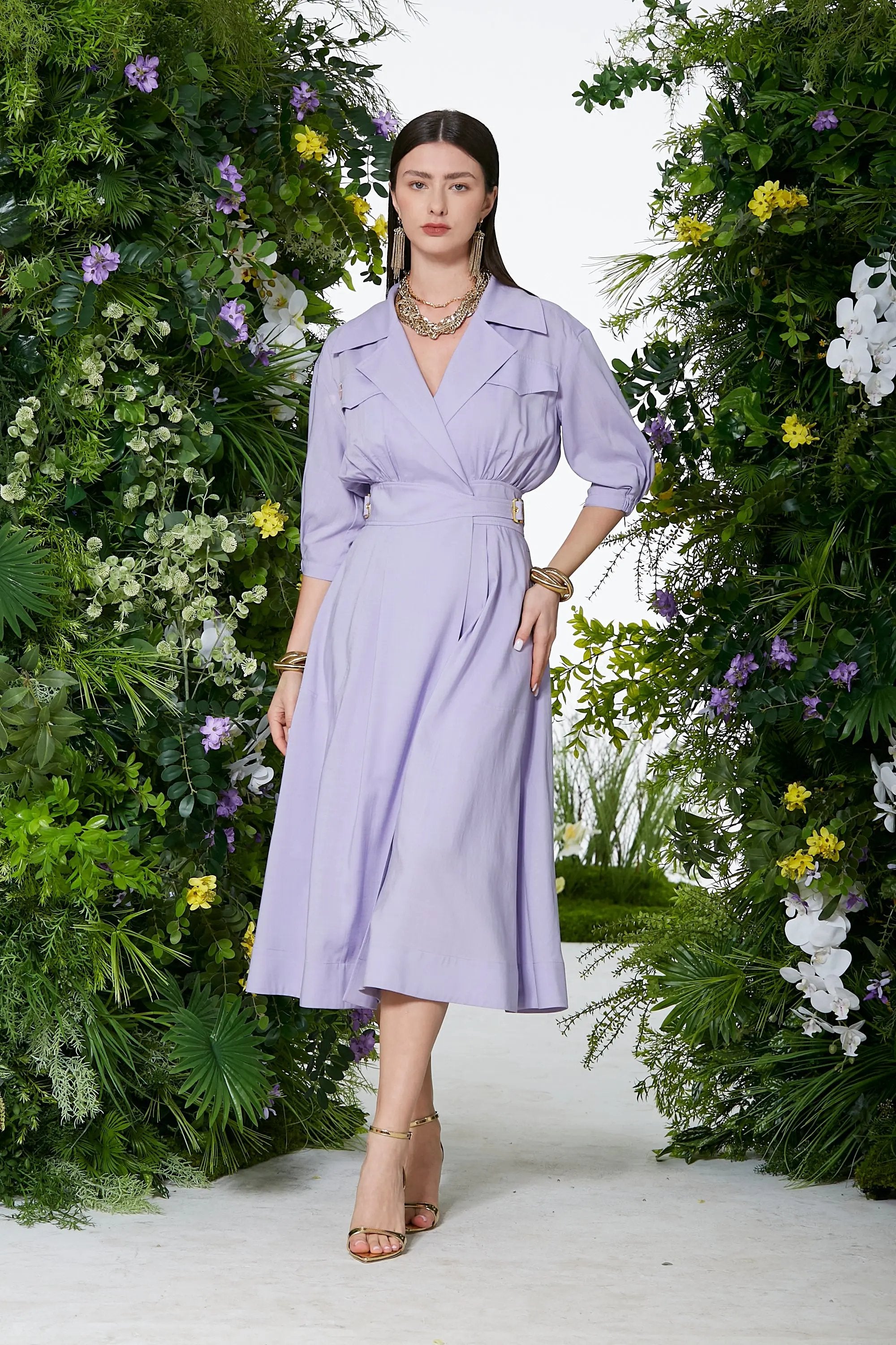 Women’s Spring High Elegant Intellectual V-neck Nipped Waists Dress ULA