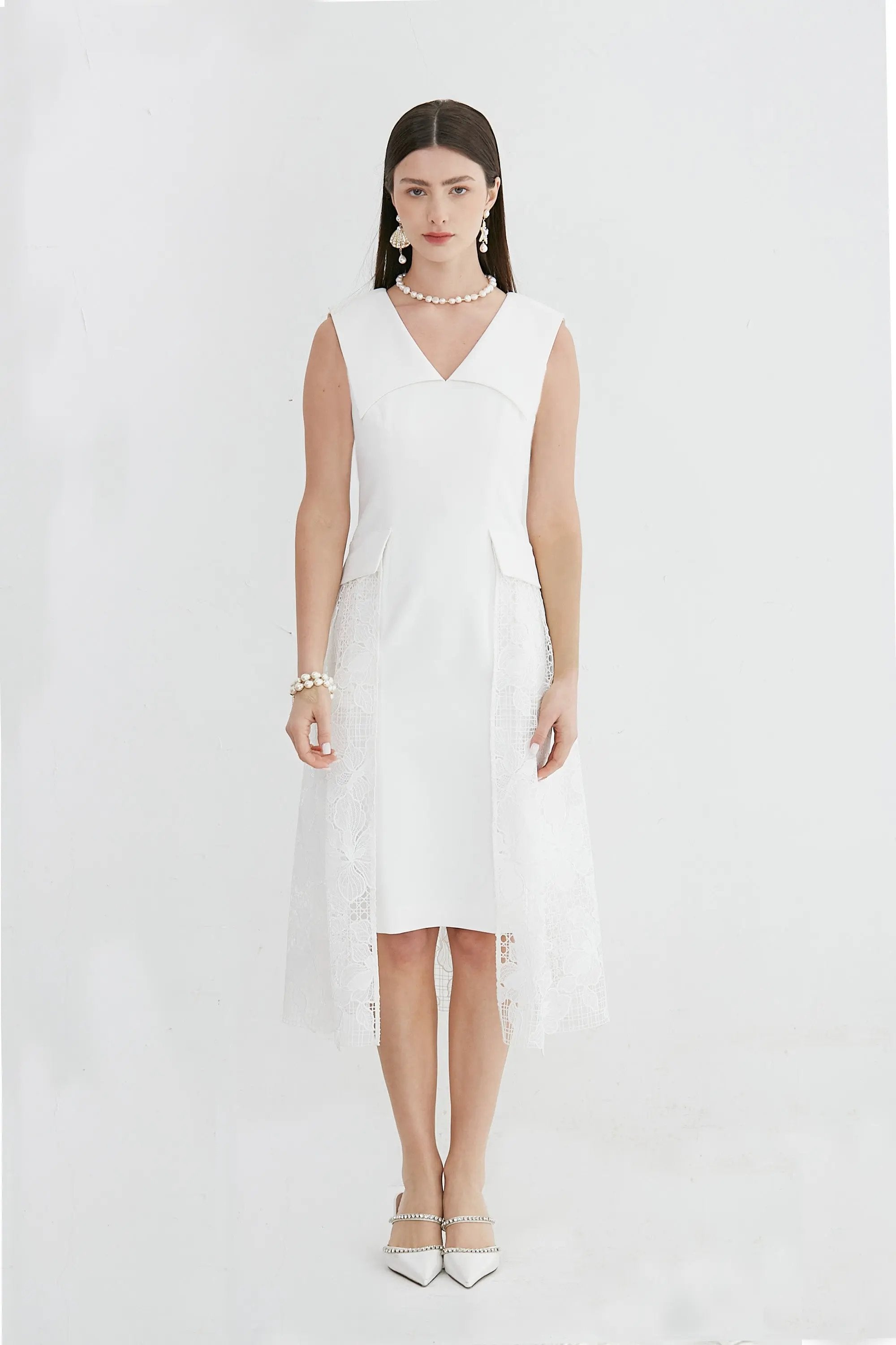 Elegant temperament lapel pleated sleeveless dress double V-neck simple waist hide meat thin A-line pleated vest dress ULA