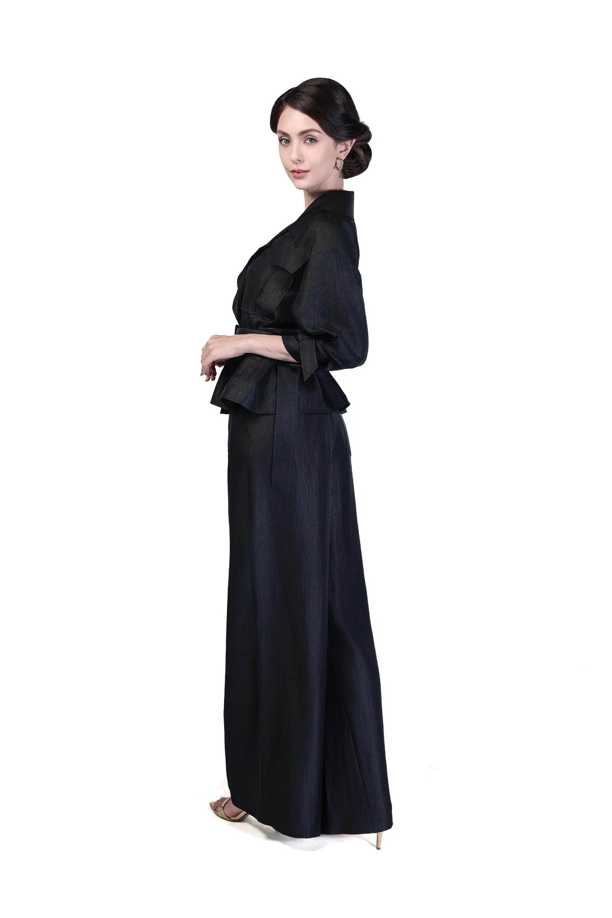 Chic Black Wrap Jacket and Flare Pants Set ULA