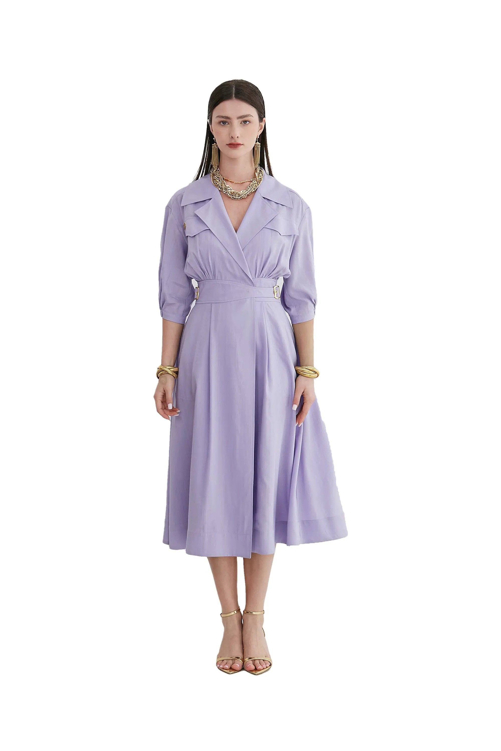 Women’s Spring High Elegant Intellectual V-neck Nipped Waists Dress ULA