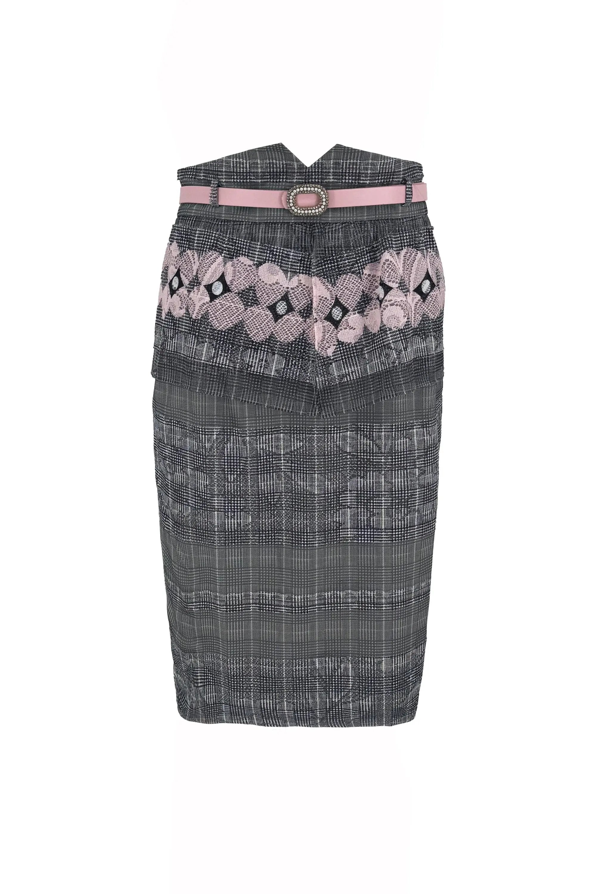 Chic Ensemble: Blush Pink Sheer Top with Plaid Pencil Skirt and Lace Details ULA